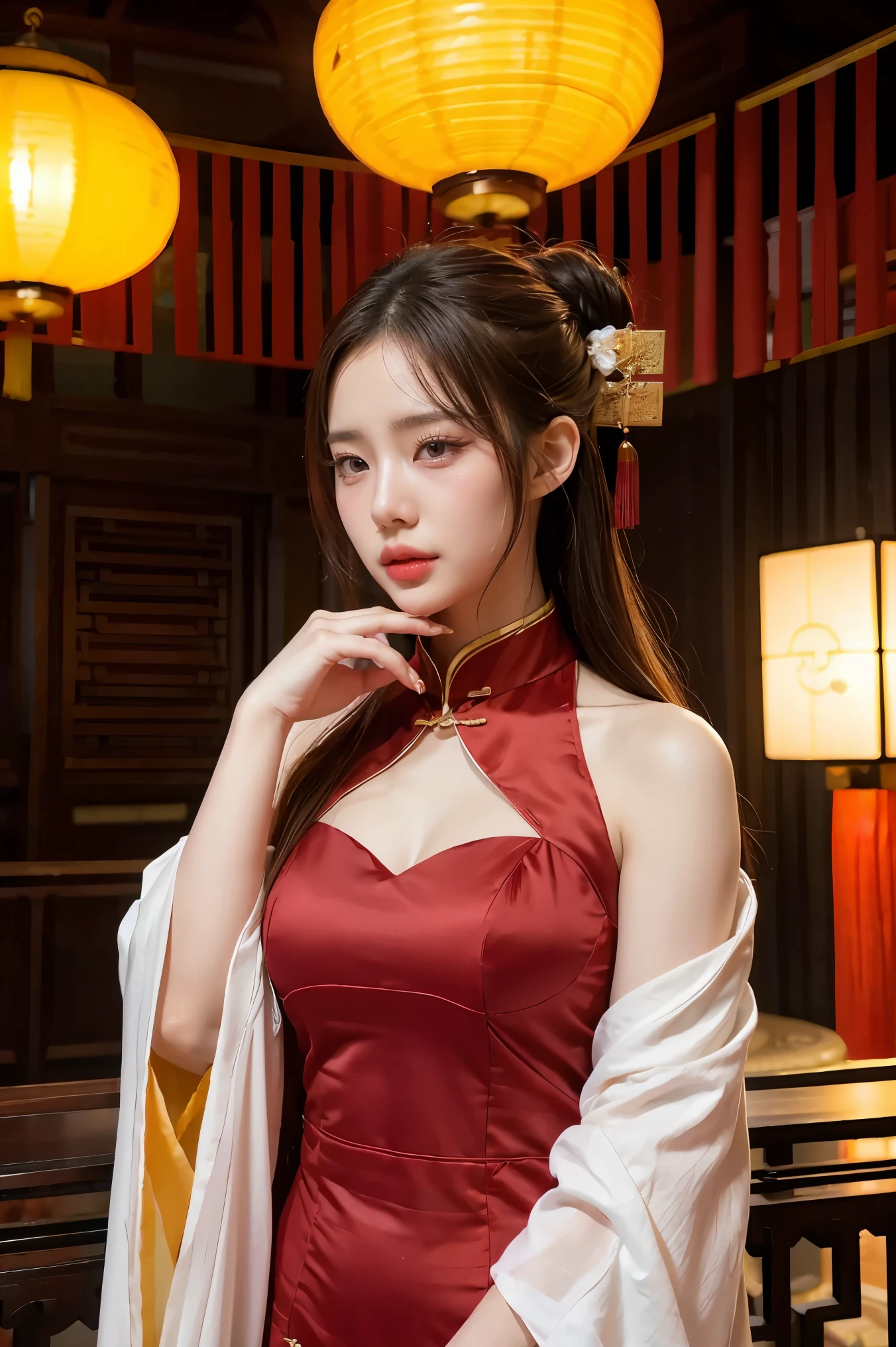 8k, Masterpiece Best Quality, Women, (Gentle Shape), perfect face, hanfu dress, sexy, fascinating, thin fabric chinese dress, tower, red lantern tower,