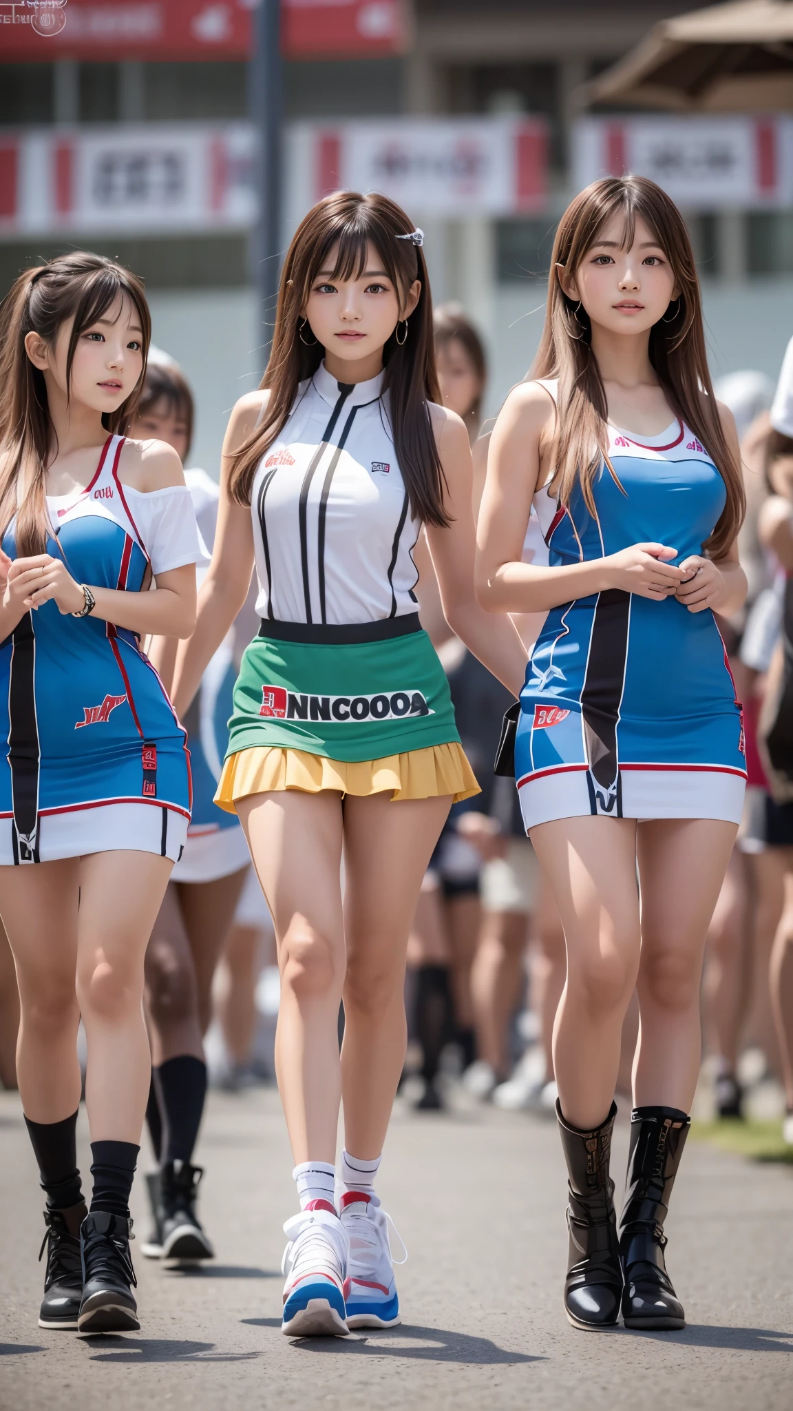 (((3 Japanese beauties, ))), Grid Girls, mini skirt, Sleeveless, Highest quality, masterpiece, Best Quality, Ultra high definition, Reality, bangs , woman , smile, Beautiful breasts, Gaze at the viewer, Slender body line, Beautiful feet, (Detailed hands:1.3, Perfectly right move), (Detailed eyes and face:1.2, Professional photography)