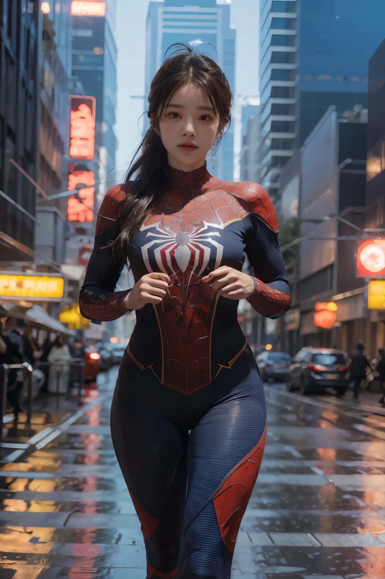 1girl, spiderman full bodysuit, dynamic pose, best quality, 4k, 8k, highres, masterpiece:1.2, ultra-detailed, realistic, photorealistic, photo-realistic:1.37, vivid colors, studio lighting, physically-based rendering, sharp focus, professional, concept art