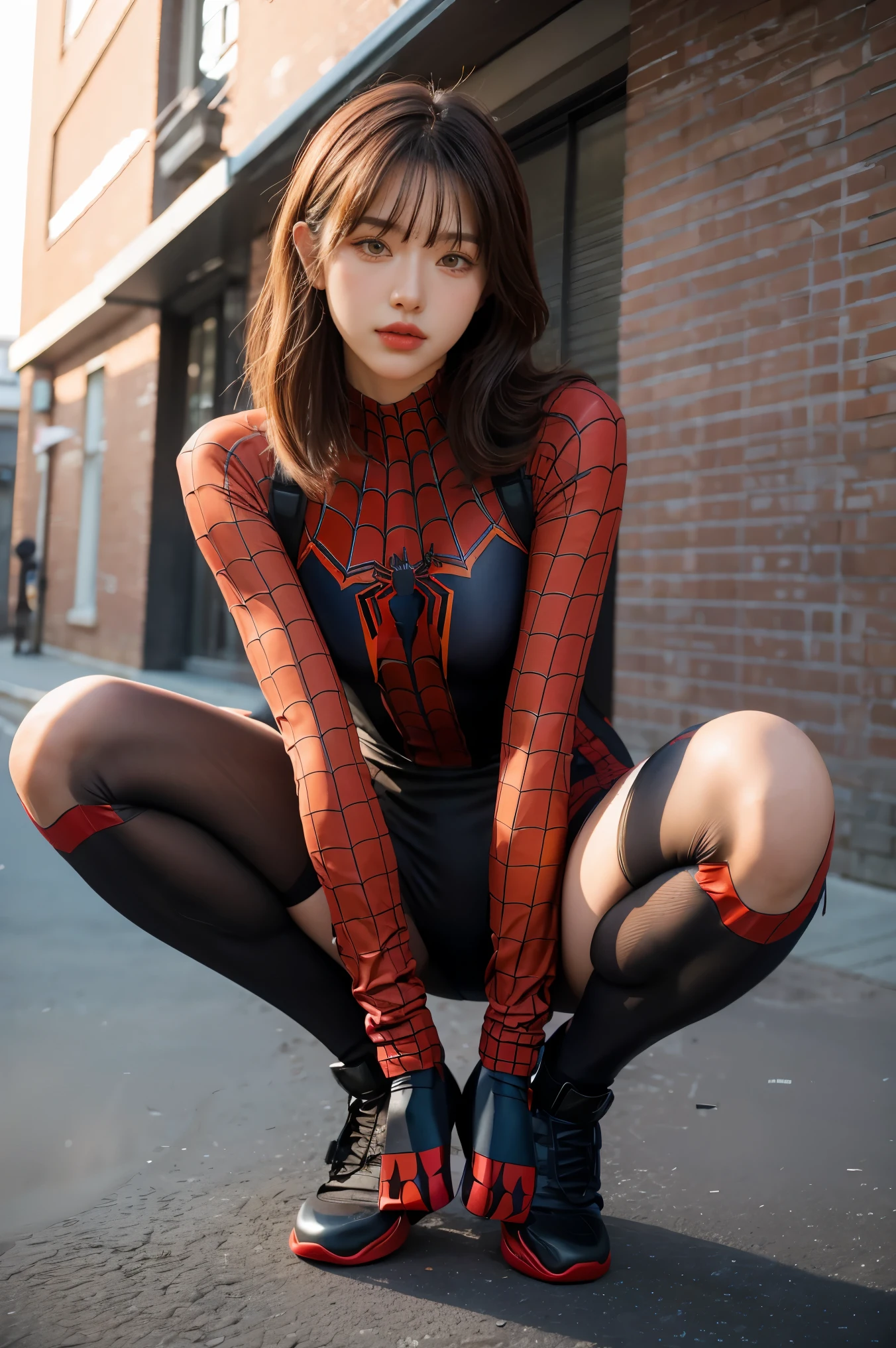 1girl, masterpiece, high resolution, spiderman full bodysuit, dynamic pose,