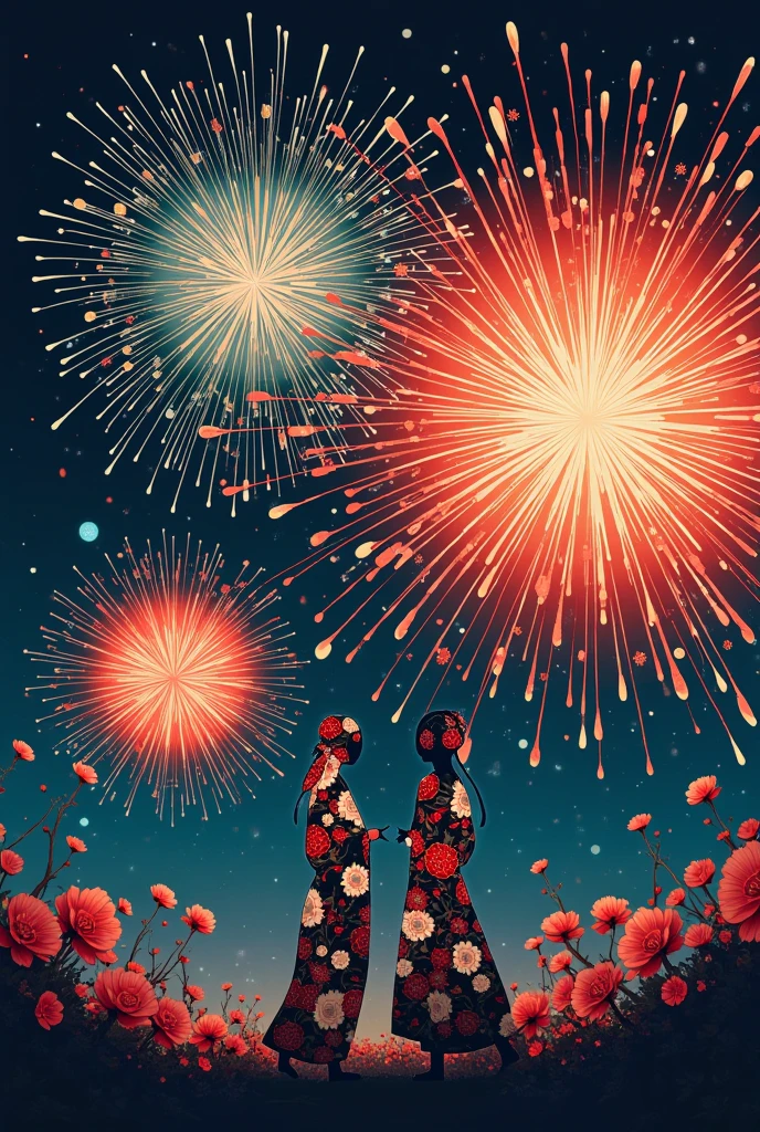 Complex Japanese patterns are drawn on the silhouette of the fireworks.