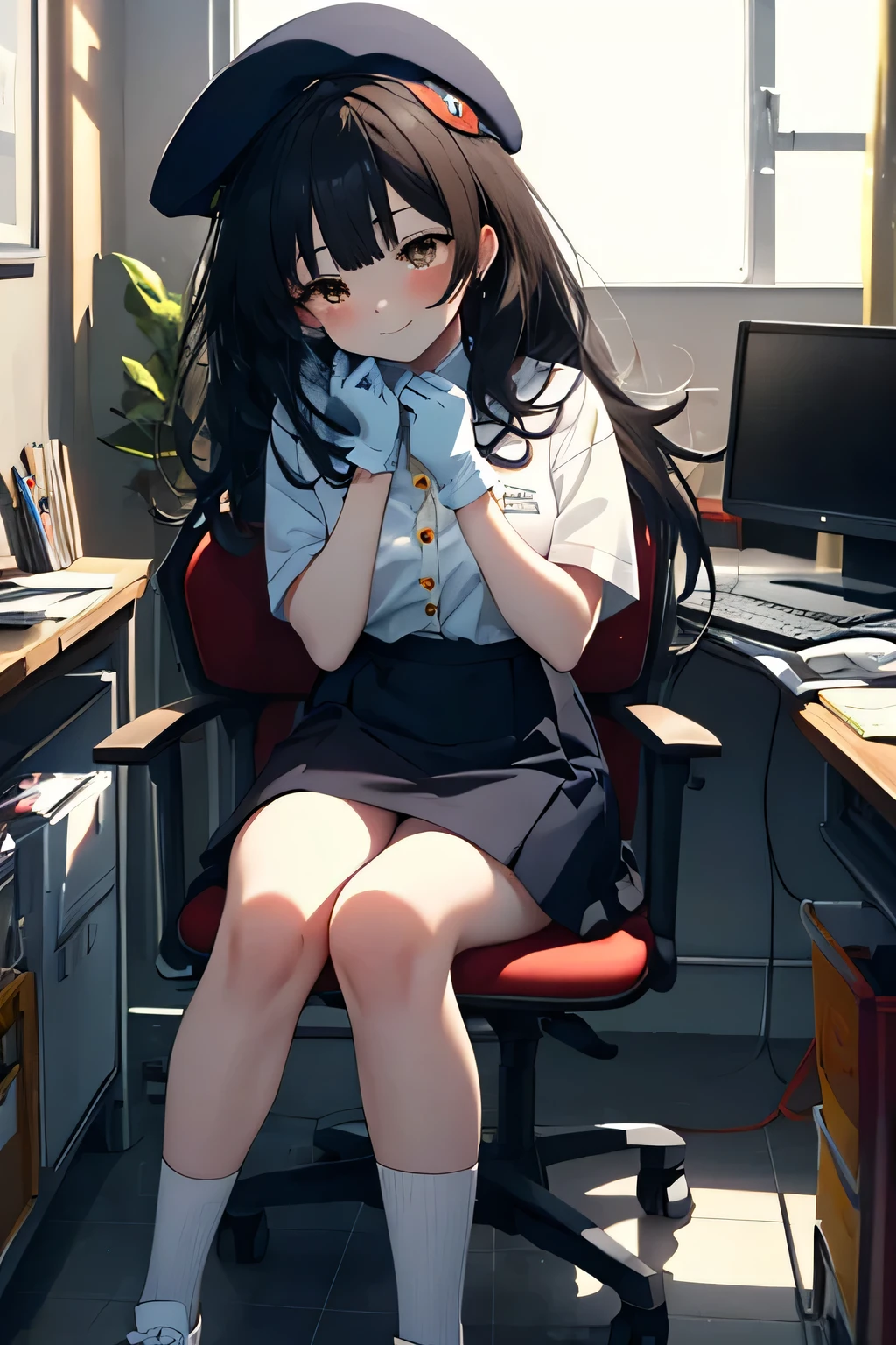 anime girl with a sword black hair, (brown eyes:1.5), smile,blush,collect,long hair, Black Beret, end, Shirt with collar, white gloves, neckline, button, correa, black pencil skirt, school uniform, black sneakers with white socks, smile, blush, looking at the viewer, Charm, mechanic,on your computer,Sitting on a chair, interior,Pausa de toque ciego looking at the viewer, BREAK indoors, aisle, BREAK (masterpiece:1.2), highest quality, High resolution, 8K Wallpaper Unit, (cipher:0.8), (Detailed and beautiful eyes.:1.6), Very detailed face, perfect lighting, Very detailed CG, (perfect hands, perfect anatomy),