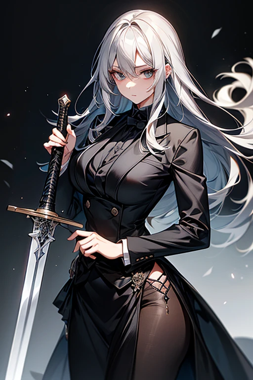 female, gray hair, gray eye, medium-length hair, black suit, black tie, 170cm, a woman of virtue, adamant, attention, with a sword around one's waist