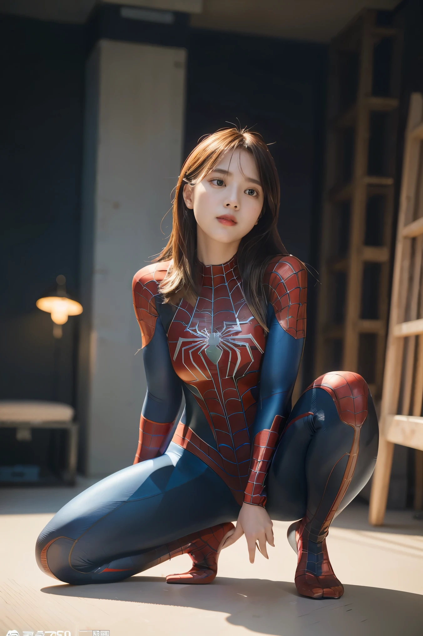 1girl, spiderman full bodysuit, dynamic pose, best quality, 4k, 8k, highres, masterpiece:1.2, ultra-detailed, realistic, photorealistic, photo-realistic:1.37, vivid colors, studio lighting, physically-based rendering, sharp focus, professional, concept art