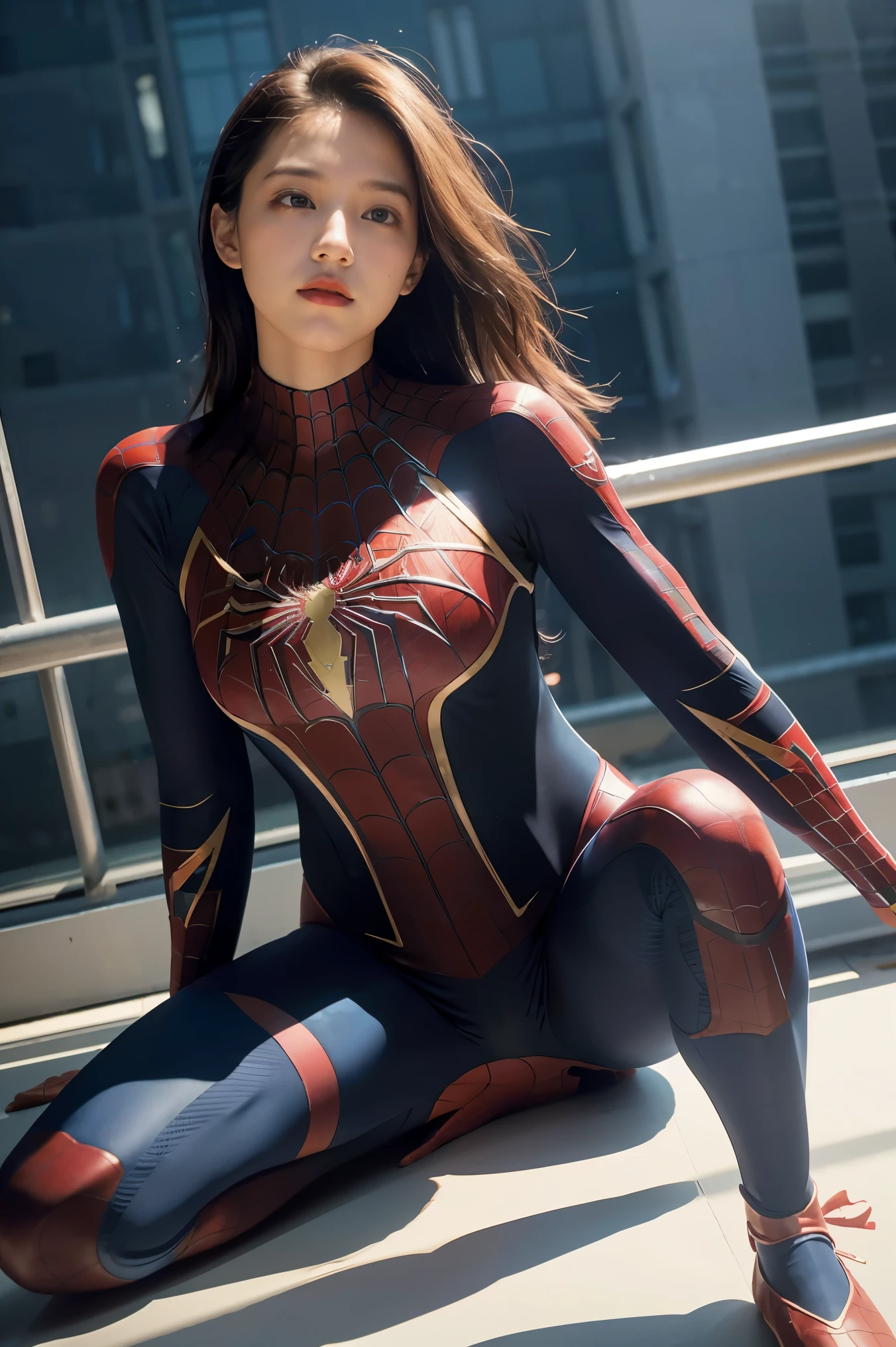 1girl, spiderman full bodysuit, dynamic pose, best quality, 4k, 8k, highres, masterpiece:1.2, ultra-detailed, realistic, photorealistic, photo-realistic:1.37, vivid colors, studio lighting, physically-based rendering, sharp focus, professional, concept art