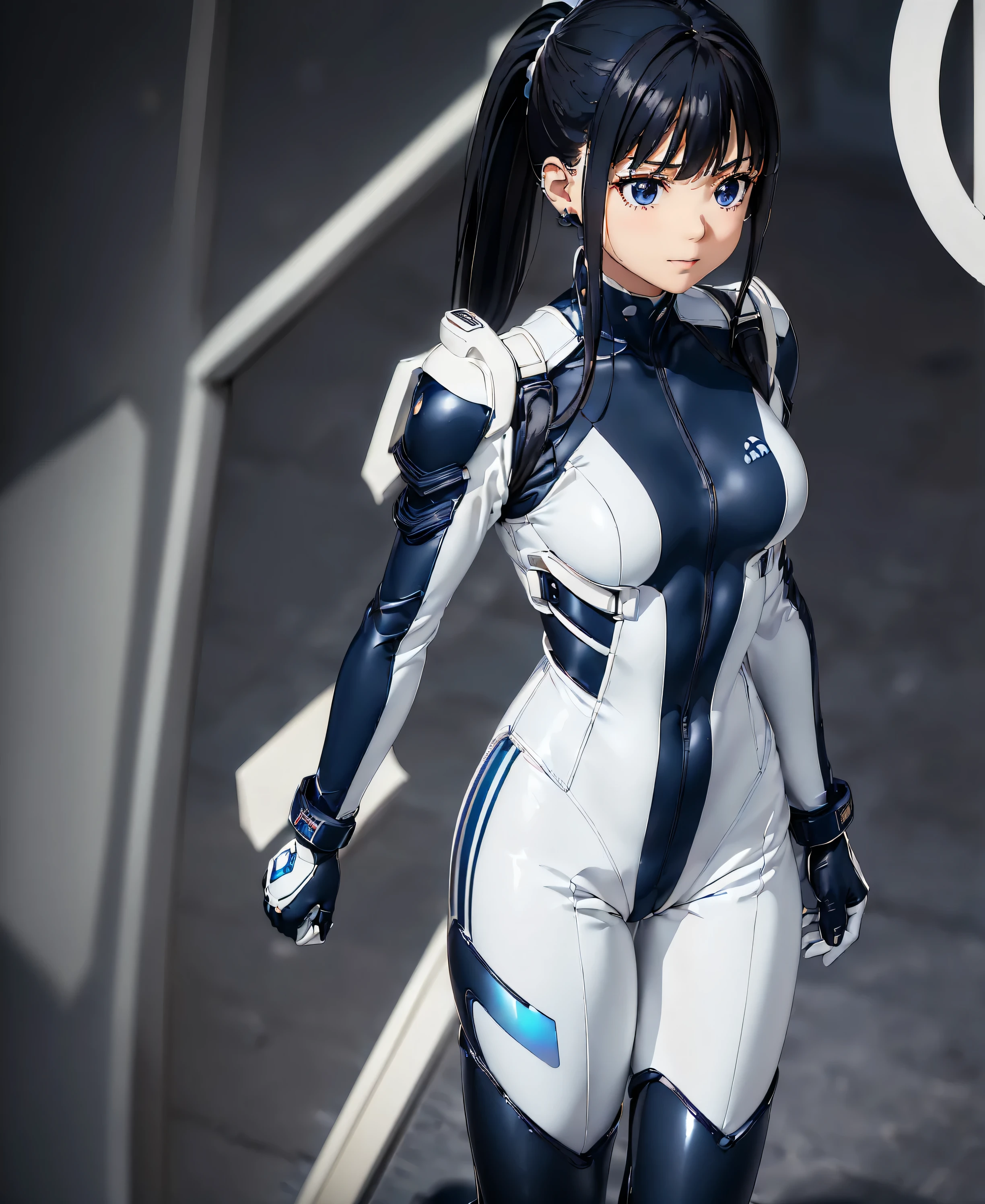 ((Holographic glow effect)),(masterpiece,Best Quality,Highest Resolution,Clear_image,Detailed details,The angle is from above): (solo,A girl alone,Japanese Faces,High knot ponytail,Dark blue hair girl,Small breasts,(Perfect body:1.4),Sparkling blue eyes,(White and navy blue pilot suit,White and navy blue zero suit,White and navy bodysuit,White and navy tight-fitting clothing,Wear full white and navy blue cover,White and navy thigh-covering pants,White and navy shoulder cover outfit,White and navy cropped jacket,White and navy shiny clothes,White and navy tight-fitting pants that hide the legs,Armor to hide the chest,Hide your shoulders),Very delicate and beautiful,Detailed Skin,Slim body,Exoskeleton,Cute,A gentle smile,Soft expression,heroine,White and navy blue long boots,Elbow-length gloves),Mirror-polished floor,inoue takina,cockpit,Mecha,mechanical body,Fantasy,ROMANCE,CIENTIFCA,TEEROR,COMICS,NFWS,hero,JK,Kneel