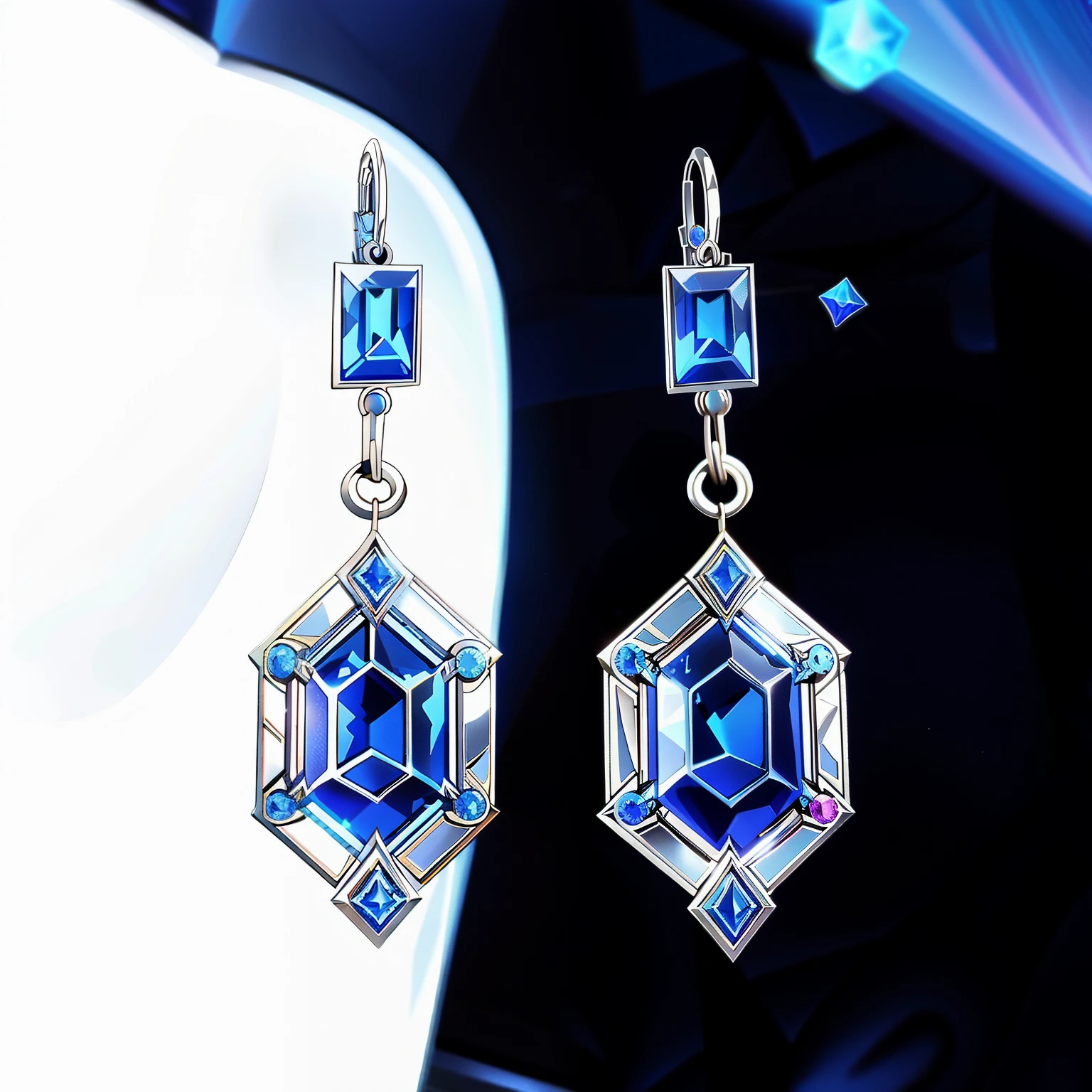  cw 1000，iw 2，One-to-one restoration of the original size ratio style，Sterling silver ear hooks，Silver chain，Directional Sapphire Pendant。Perspective，英雄联盟Prop Icon，Game Q UI Icon，45 度角Perspective。Q game icon，Prop Icon，Tilt angle and cartoon Hearthstone game art style，Silver metal earrings。This is a pair of silvenished earrings，In the middle is a rectangular sapphire，Surrounded by a silver border，Looks three-dimensional and mysterious，The bottom of the pendant is a square gemstone，The contrast of gemstone colors creates a striking effect。2D game style。high resolution，The light effect is soft，Clear details，Cartoon game style。There should be no other elements around it，Keep everything simple。可用作游戏Prop Icon。--niji 6