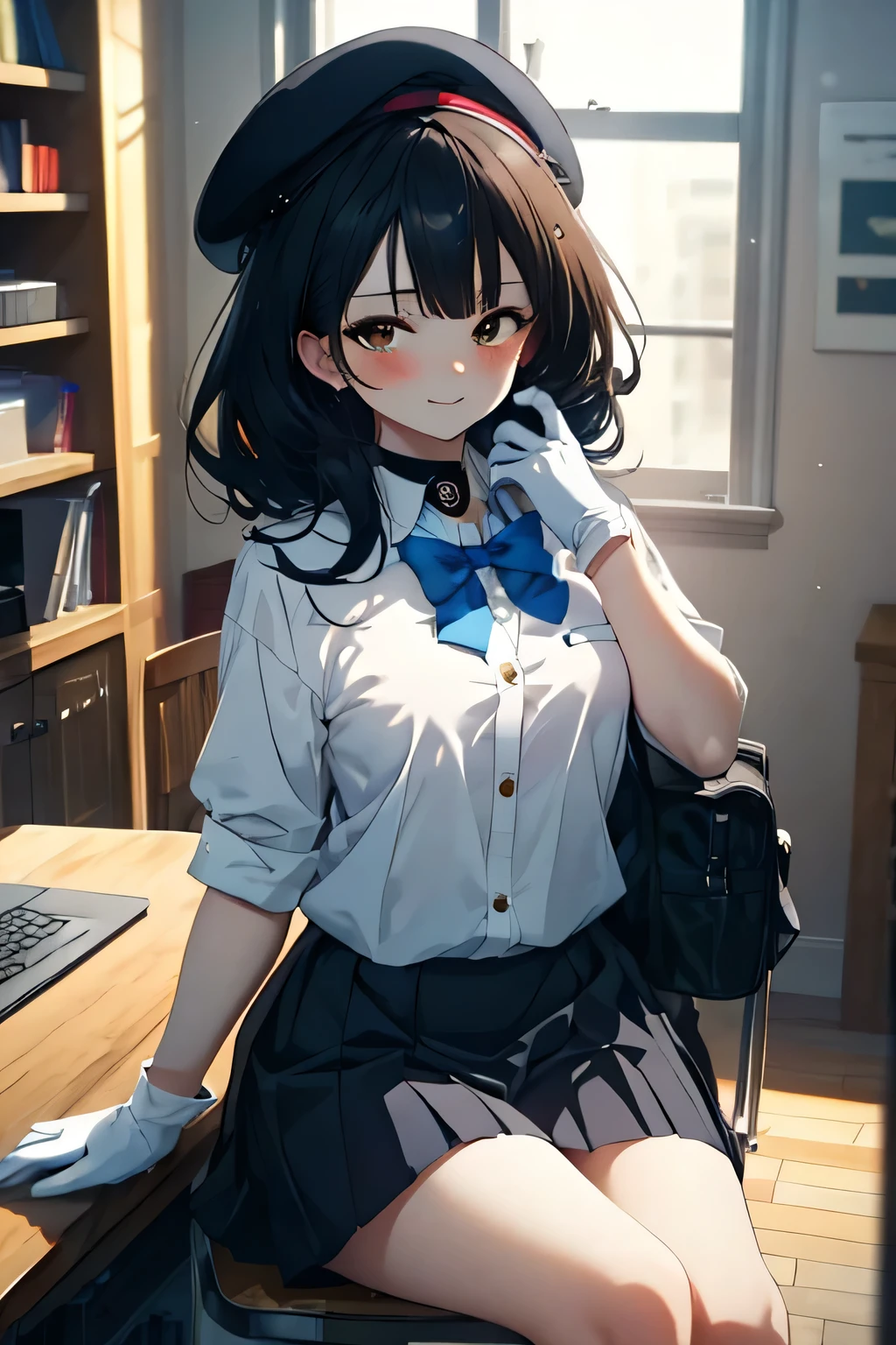 anime girl with a sword black hair, (brown eyes:1.5), smile,blush,collect,long hair, Black Beret, end, Shirt with collar, white gloves, neckline, button, correa, black pencil skirt, breeches, school uniform, black sneakers with white socks, smile, blush, looking at the viewer, Charm, mechanic,on your computer,Sitting on a chair, interior,Pausa de toque ciego looking at the viewer, BREAK indoors, aisle, BREAK (masterpiece:1.2), highest quality, High resolution, 8K Wallpaper Unit, (cipher:0.8), (Detailed and beautiful eyes.:1.6), Very detailed face, perfect lighting, Very detailed CG, (perfect hands, perfect anatomy),