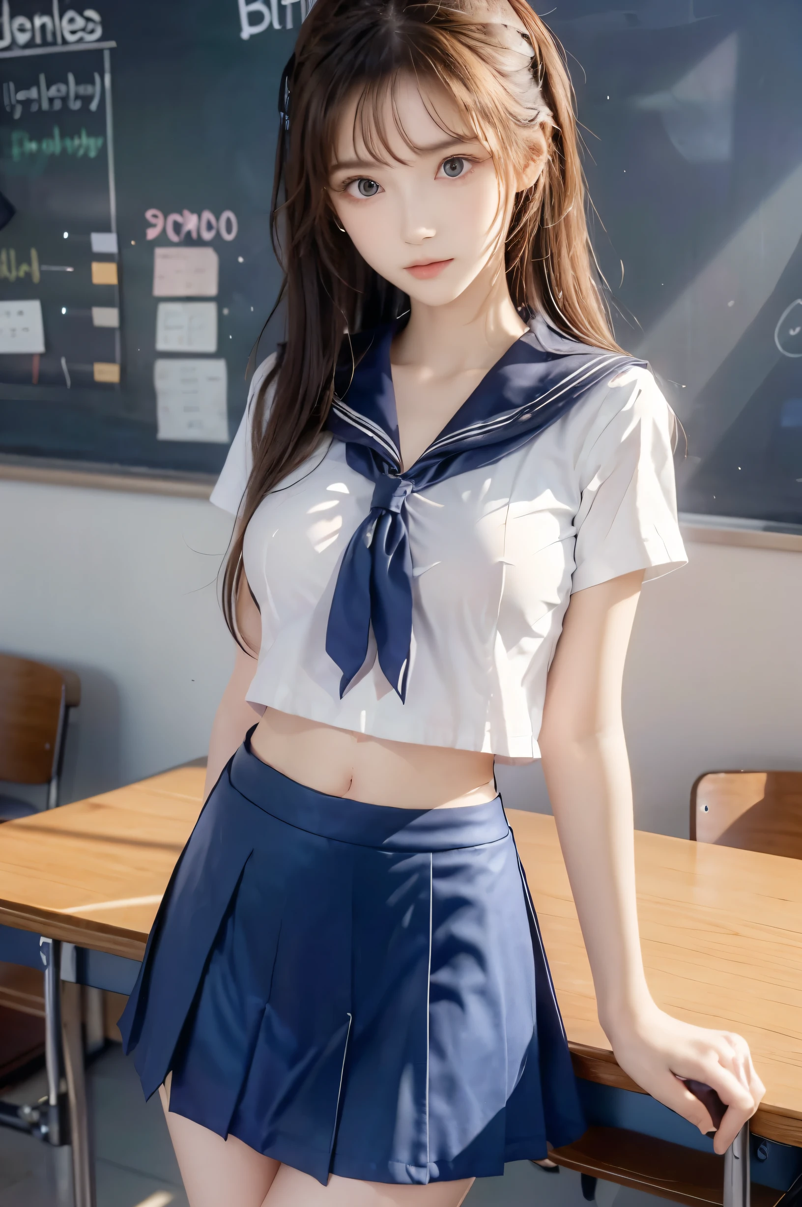 (Ultra HD), (Looking at me), (Short-sleeved sailor uniform, Navy blue mini skirt), Big Breasts, Super beautiful breasts, Slender, (Thin legs:1.2), (Thin thighs:1.2), (Thin Hips:1.4), (Beautiful Skin, Shiny skin, White skin), (Super slim face, Super beautiful face, No makeup, Smile:0.6), (Light Brown Hair, Semi-long, Layered Cut, Fluffy hair), (Big eyes:1.3, High corners of the eyes:1.6, double eyelid), (Thin eyebrows:0.1), (Small Nose:0.6), (Thin lips:0.6), Beautiful Hands, Empty-handed, Standing, School classroom