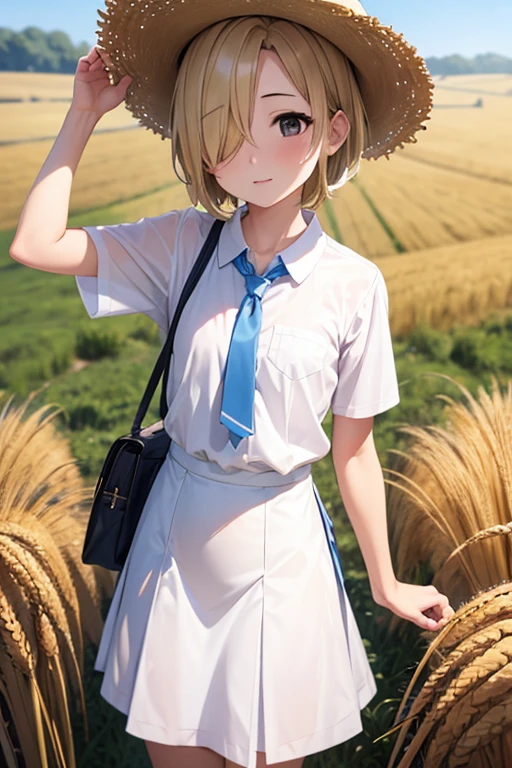 masterpiece, Best Quality, High resolution, 1 、
blonde,  Uniform, White shirt, Check skirt, Straw hat、Wheat field、stroll, Shirasaka Koume, Blonde, hair over one eye, short hair, Brown eyes, Flat Chest,(Hiding one eye),Hidden right eye
