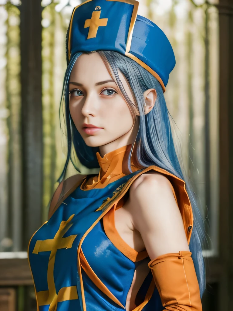 (Beautiful detailed eyes), (beautifull detailed face), (masutepiece, Best Quality:1.1), Priest \(DQ3\), 1girl in, Solo, Long hair, (Blue hair), (Red Eyes), (mitre), (Thin Tabard:1.4), (Crossprint), (Orange Elbow Gloves), Large breasts, Holding, A staff, Nature, Blue sky, (Bare shoulders), (full of sweat), (Covered )