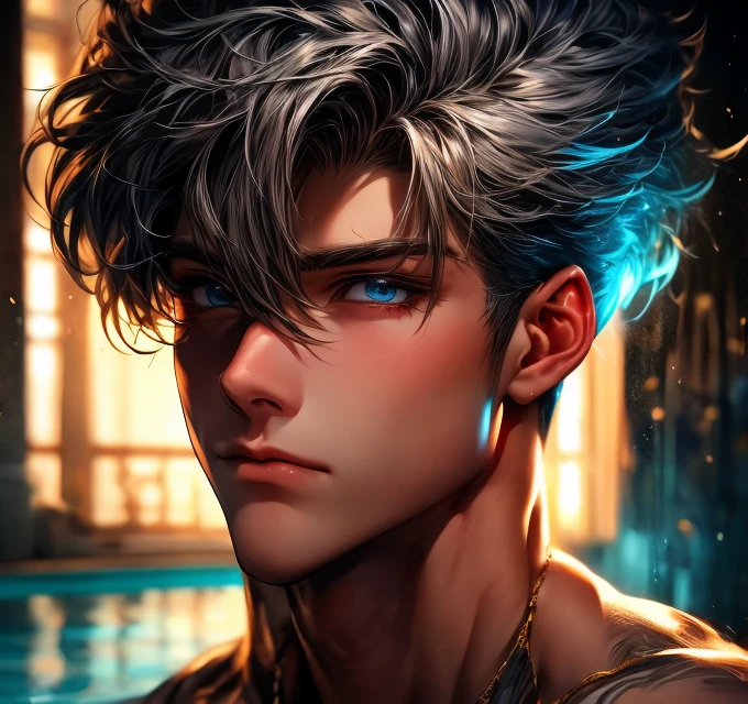 Ultra-realism. A handsome muscular boy was standing on the swimming pool, TOP LESS,  He had short beautiful shinny white-hair. He looked very attractive. His eyes were very sharp, perfect shape, clear, brilliant, and masculine with neon blue eyes. The expression on his face is very alluring and handsome. Dynamic hot poses, perfect composition, perfect muscle, perfect detailed, Anime, 4D Anime, Real Anime. He has sharp, masculine, shine, and glowing light-blue eyes. His muscle so buffy and bold. His expression is so HORNY FACE WITH OPEN MOUTH and attracted. ORGASM,  MASTURBATING,  SHOWING BIG PENIS,  SHOWING BIG DICK, SHOWING  BIG COCK, CLIMAX, SATISFYING, SPLASHING BIG CUMS LOAD, SPLASHING BIG VERY MUCH CUMS LOAD. He is wearing gold armband on His both arms. (masterpiece), best quality, expressive eyes, perfect face, perfect eyes, perfect detailed eyes, perfect shape, extremly detailed, perfect detailed. FULL BODY, naked, nudity, nsfw