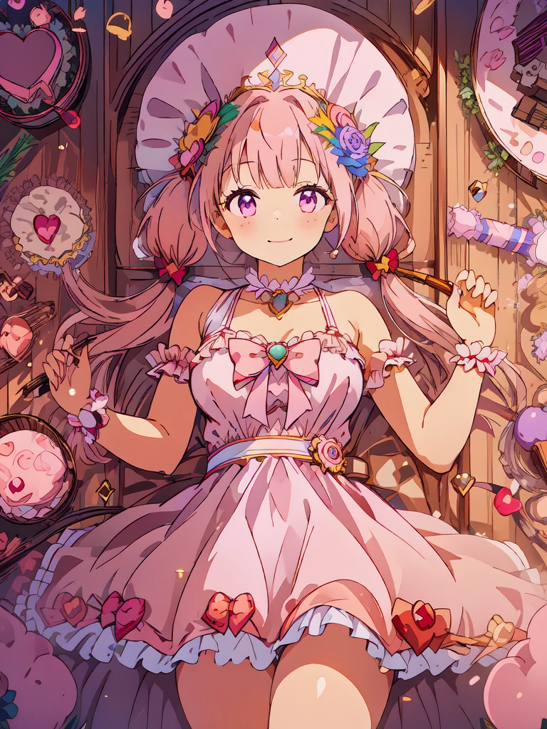 ((8k, Highest quality, masterpiece: 1.3)),Ultra-high resolution,(1 girl, alone), Highly detailed eyes, Highly detailed face, pink Hair, twintails, playful bow in soft pink. Her eyes are dark purple, wearing a white shirts and pink dress, Looking at viewer, Light Smile, upper body, arms are hehind her body, looking above, Breasts, many heart shaped hole on her costume, old library background
scepter, lots of candy, gumdrops, candycanes, a rainbow, candy, (a field of candy), 1girl, sugar queen, pink dress, a Sceptor of candy