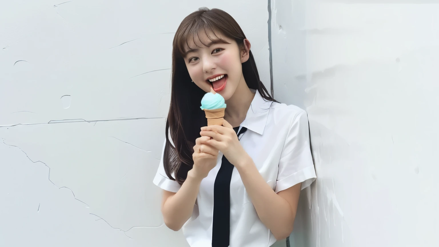 A woman in a white shirt and black tie standing in front of a wall,, A woman holding soft serve ice cream in both hands and sucking it deeply with her big mouth、