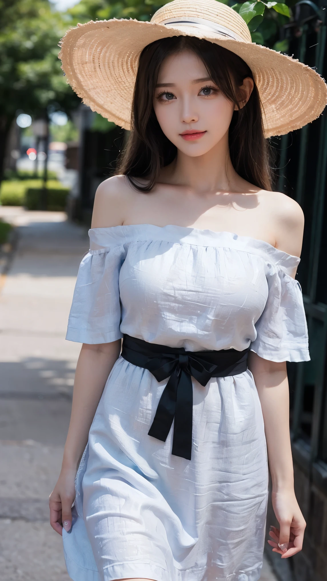 Top-quality Realistic,Official art,Highly detailed CG Unity 8k wallpaper,ultra-detailliert,hight resolution,Physically-based rendering,Magnificat,finely detail,masterpiece,Best Quality,ultra detailed,Mature beauty,Beautiful women,1girl,moist lips,sexy lips,Sexy smile,Gentle smile, 20 years old, Beautiful bare skin,Smooth bare skin, big well-shaped breasts,beautiful Mature body,swept bangs,(Medium hair:1.3), beautiful detailed eyes,model shoot style,Japanese Idol,Full-body,((Hydrangea blooming on the slope behind the alley )),BREAK,(Linen off-shoulder summer dress:1.3),(wide brimmed straw hat),Walking model pose,Delicately expressed eyes,cute smile,shoot from above,(Walking on back alley path), outstretched hand, ((Extreme close-up)),(Purple, pink, blue, white, colorful hydrangeas)