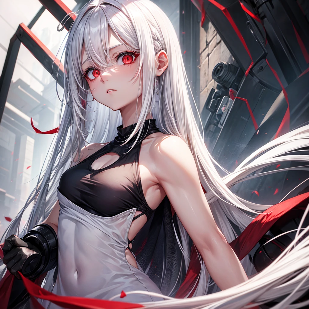A once-in-a-millennium masterpiece, A photo that can never be taken again, Absurd high resolution, (Expressionless), (Red tears flow from the eyes:1.2), vampire, woman, Silver Hair, Red eyes, Big eyes that draw you in, White clothes, Red dyed clothes,There are red spots all over, Red from the mouth,Cowboy Shot、From above、Tabletop、Red sweater,( change)Moderate, Separate Color,bs shoulder, Blushed,(Gray Hair), White Gloves,White boots,dirty,Torn clothes,Clothing that shows blood:1.3),, Tearing the cloak, tear pantyhose ,Cyberpunk Streetwear,in contrast,Cyberpunk Character Fashion,Wear high fashion clothes, , Bring your poster to life、impressive,Full Wear, Stylish,