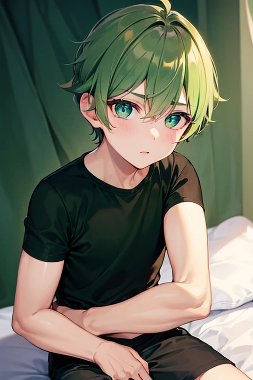 1 boy, young alien boy, messy short green hair and pink eyes, pink skin, black shirt, blushing, in a bed
