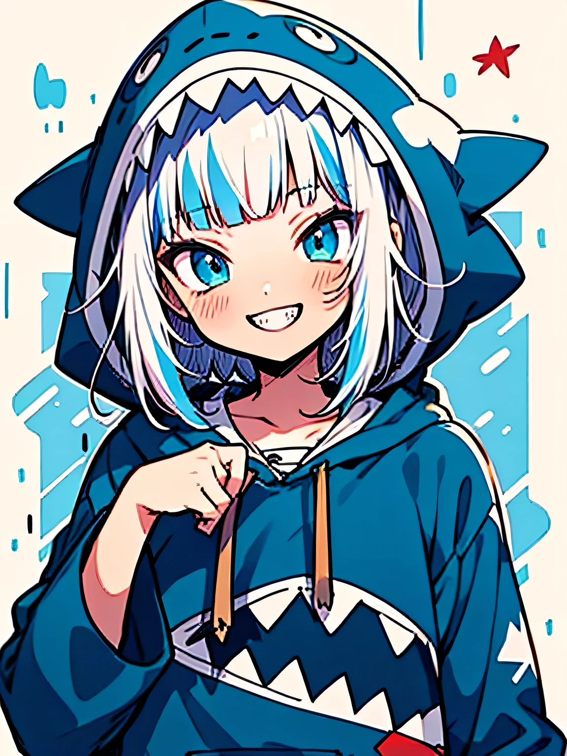 chibi,solo,upperbody,gawr gura,(blunt bangs),blue eyes,grin,gawr gura, blue hoodie, shark hood,model pose,(manga style),(sketch),(illustration)