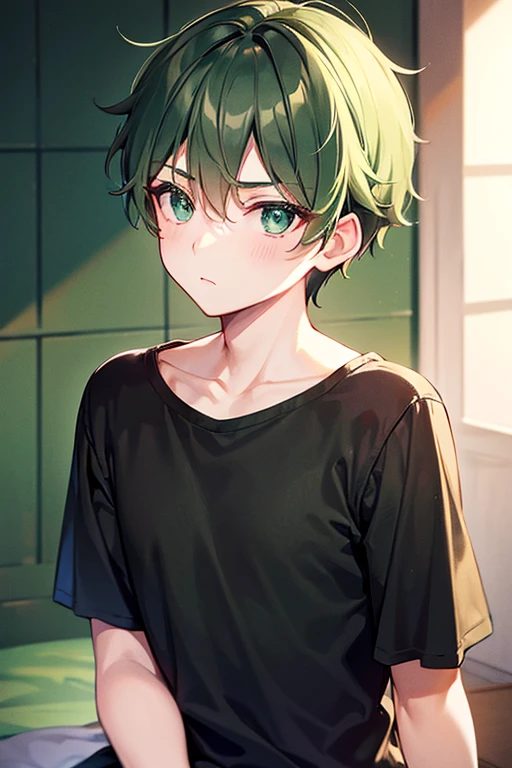 (masterpiece), ((sfw)), best quality, expressive eyes, perfect face, mature male, (1boy, adult Man), young adult, young man, solo, Green hair BREAK ahoge, blue eyes BREAK t-shirt, yellow shorts, standing, night sky, town village, open mouth, surprised face