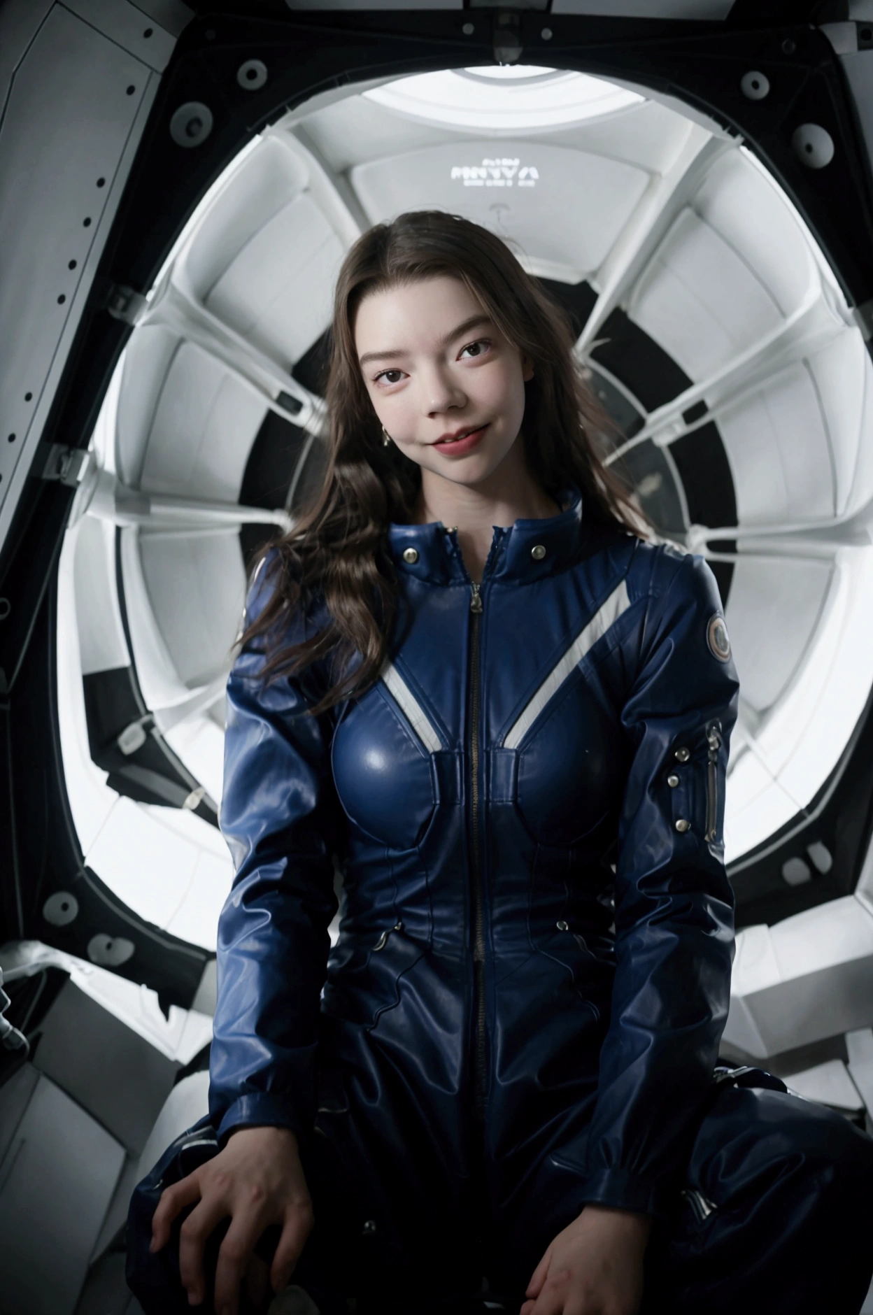 Anya Taylor Joy actress, On a spaceship, sits alone, Flirting, smiles, High resolution, 80&#39;Urop, looks at the viewer, The heroine is dressed in a jumpsuit that looks like a spacesuit, Calm pose, 1 girl, High resolution, masterpiece, Realistic anatomy, best quality, in detail, NIKON, 