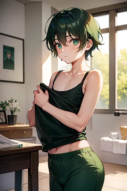 Elementary school height, small, short, small breasts, ponytail, green hair,green eye,((uncensored)), (??????), 1 boy,((((a boy is grabbing girl’s breasts from behind)))),slant eyes,furrowed brow,child,elementary school student,baby face,blush,embarrassed,arms up