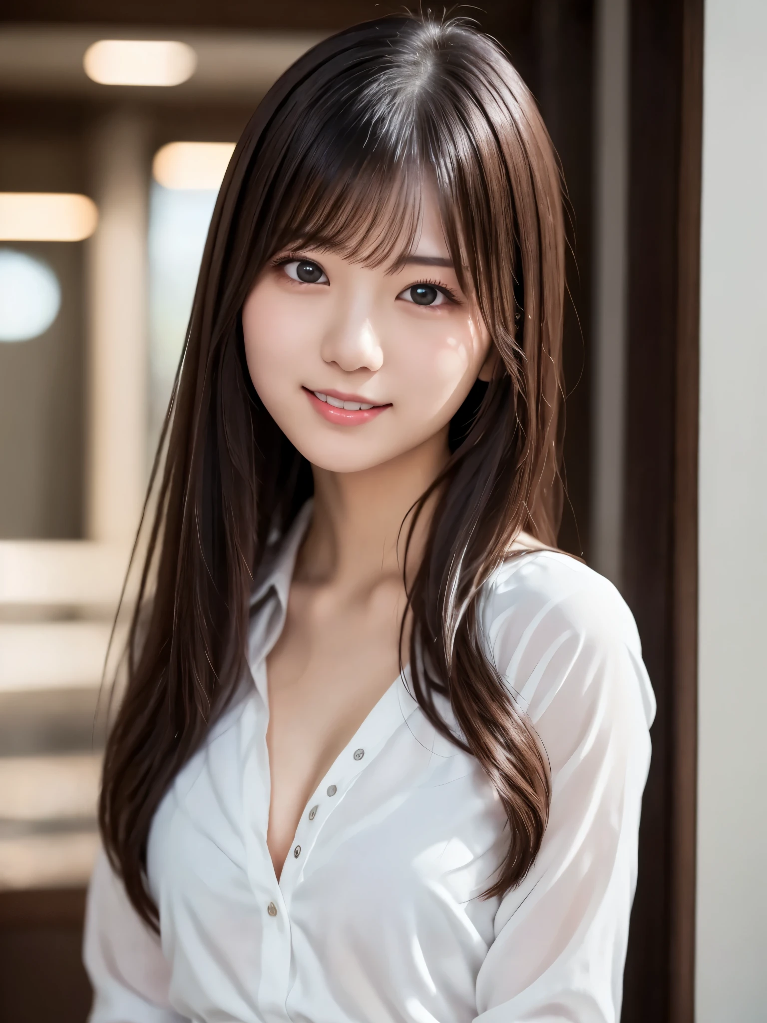 White shirt, 複雑でbeautiful目, woman, womanらしい黒髪, (Delicate and realistic hair, 1 1 Realistic Hair), bangs, Natural color lips, smile, ((white indoor)), indoor, (18 year old woman: 1. 2), Young and adorable Japanese face, Official Art, High resolution CG Unity 8k 壁紙, (masterpiece: 1.0) , (Best Quality: 1. 0), (Best Quality: 1. 0), Ultra High resolution,4K,Very detailed,photograph,8k,NFFSW,High resolution,Kodak Portrait 400,Film Grain,Lens Flare グロー,Best Quality,8k,NFFSW:1. 2),Portrait Shot,8k,Show Viewer, ((( Front))),((masterpiece)), ((Best Quality)), (Super detailed), ((cute)), cute, (Nice), ((sexy)), ((Very detailedな)), (Detailed clothing features), 4K, (8k), (beautiful), figure, beautiful日本人のwoman, ((woman1名)), beautiful black hair, (Long Hair:1.2), ((beautiful eyes)), smile, School, evening, Lens Flare, Shiny, (((Frontfigure))), (((Frontfigure))), ((Face it))、((Focus on the head)), bangs、From the neck up