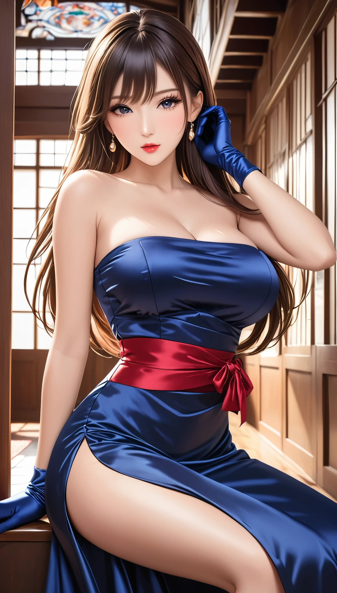 (masterpiece,Best Quality,Ultra-high resolution),Inside the Western-style building,Three Japanese women,In heat,A seductive and alluring expression,Her beautiful long hair is tied back,bangs,Baby Face,Pursing his lips, (((Very beautiful 20 year old))),Big Breasts、Breast bag,(Navy blue satin tube top bodycon long dress:1.8),(Tight fit),(Topless:1.5),(topless:1.5),(Beautiful nipples:1.8),Bodyline,(Satin Opera Gloves:1.8)、Satin has a very strong luster、(Hands placed behind head:1.8),Walking,Full body photo