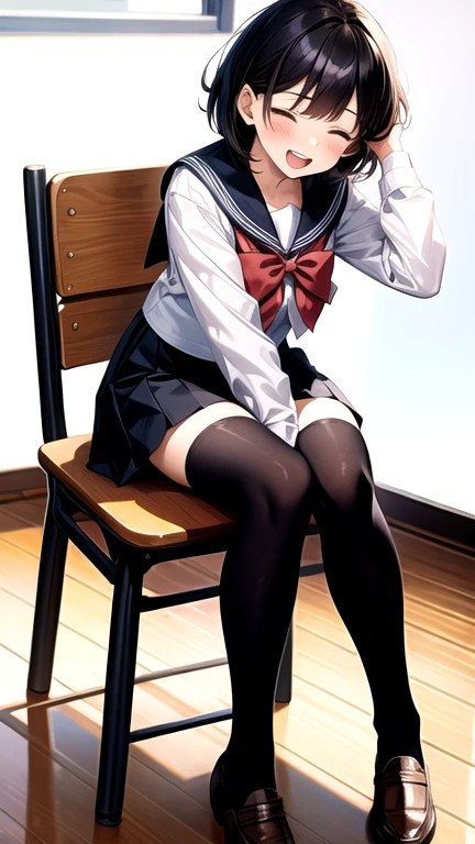 (Highly detailed CG Unity 8k), (Highest quality),(Very detailed),(Ultra-high resolution), 1 female, (white cloth gag:1.4), rope bondage, breasts rope bondage, hands back rope bondage, thigh rope bondage, bust rope bondage, feet rope bondage, Put your arms behind your hips, ankles rope bondage, (knee rope bondage:1.4), Black Hair, (Dark Blue Sailor uniform:1.3), (Dark Blue Skirt:1.3), (Black Stockings:1.4), (black garter belt), Watery eye, (Skirt length to floor:1.3), (Brown Loafers:1.4), (Lots of drooling:1.3), (Urinary incontinence:1.3), (Hanging upside down from the ceiling with your ankles tied:1.3), (slender body:1.3), high school girl, classroom,