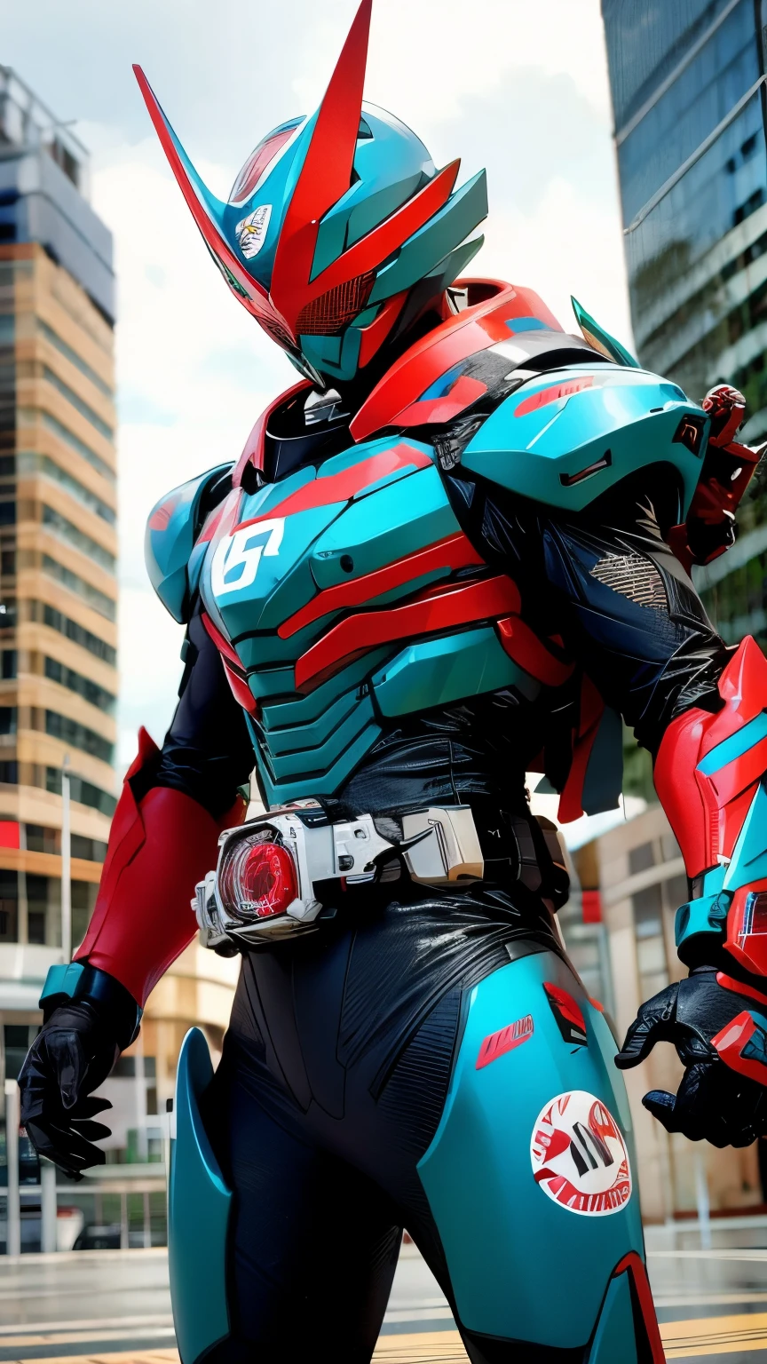 (8k,born,professional,top-quality),(Realistic,Photorealistic:1.2),Perfect Anatomy,(Highly detailed face:1.2),Front lighting,A dark shadow was threatening the city.,Kamen Rider,White, orange and blue metallic body,Wearing a transformation belt,Evil burning with blue flames,Defeating Evil,Intense Combat,Special Attacks(Absolute Zero),Kamen Riderが闇を照らす,A white scarf fluttering in the wind,Snow-white eyes、Cloudy