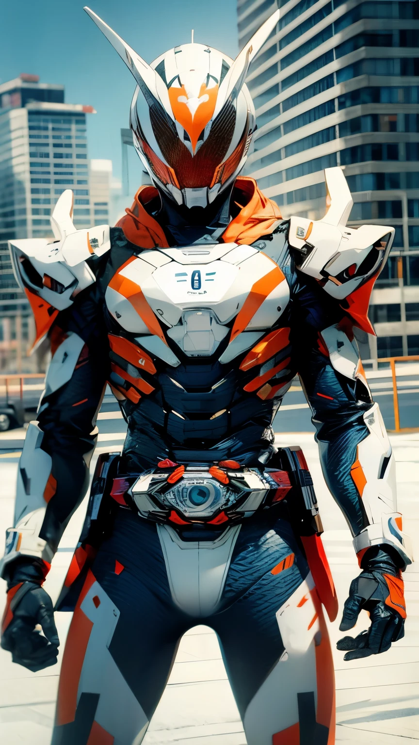 (8k,born,professional,top-quality),(Realistic,Photorealistic:1.2),Perfect Anatomy,(Highly detailed face:1.2),Front lighting、Kamen Rider、Off-white, orange and blue metallic body,Wearing a transformation belt、A white scarf fluttering in the wind,Snow-white eyes、White background