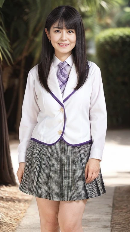 Japanese Mature,(48 years old:1.2),White skin,(plump body,Large Breasts,Emphasizes plump thighs:1.5),(nogizaka_Costume,Micro Mini Skirt,earrings,High heels:1.5),(Standing in the park,Full body shot from head to toe,full body:1.2),looking at viewer,smile,surrealism, depth of field, from front, Sony FE, 8k