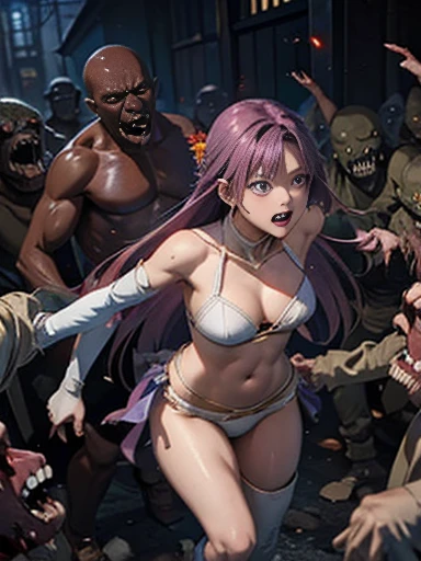 Best Quality、torture、slave、Constraints、BDSM、Captured by a zombie、Surrounded by zombies、defeat、Beautiful woman with very long purple hair、Full of wounds、White Armor（Small breasts、Cleavage、Off the shoulder、Sleeveless、No elbow pads、belly button、High Leg、Exposed thighs）、White Armorのブーツ、Tears overflow、Frightened expression、run away、Attacked by zombies 1:5、Many violent zombies 1:5、The zombie grabs his arm.　Zombie attacks from behind、Zombie grabs leg、Zombie Swarm 1:5、darkness、Different world、Dark fantasy、Pitch Black Hell