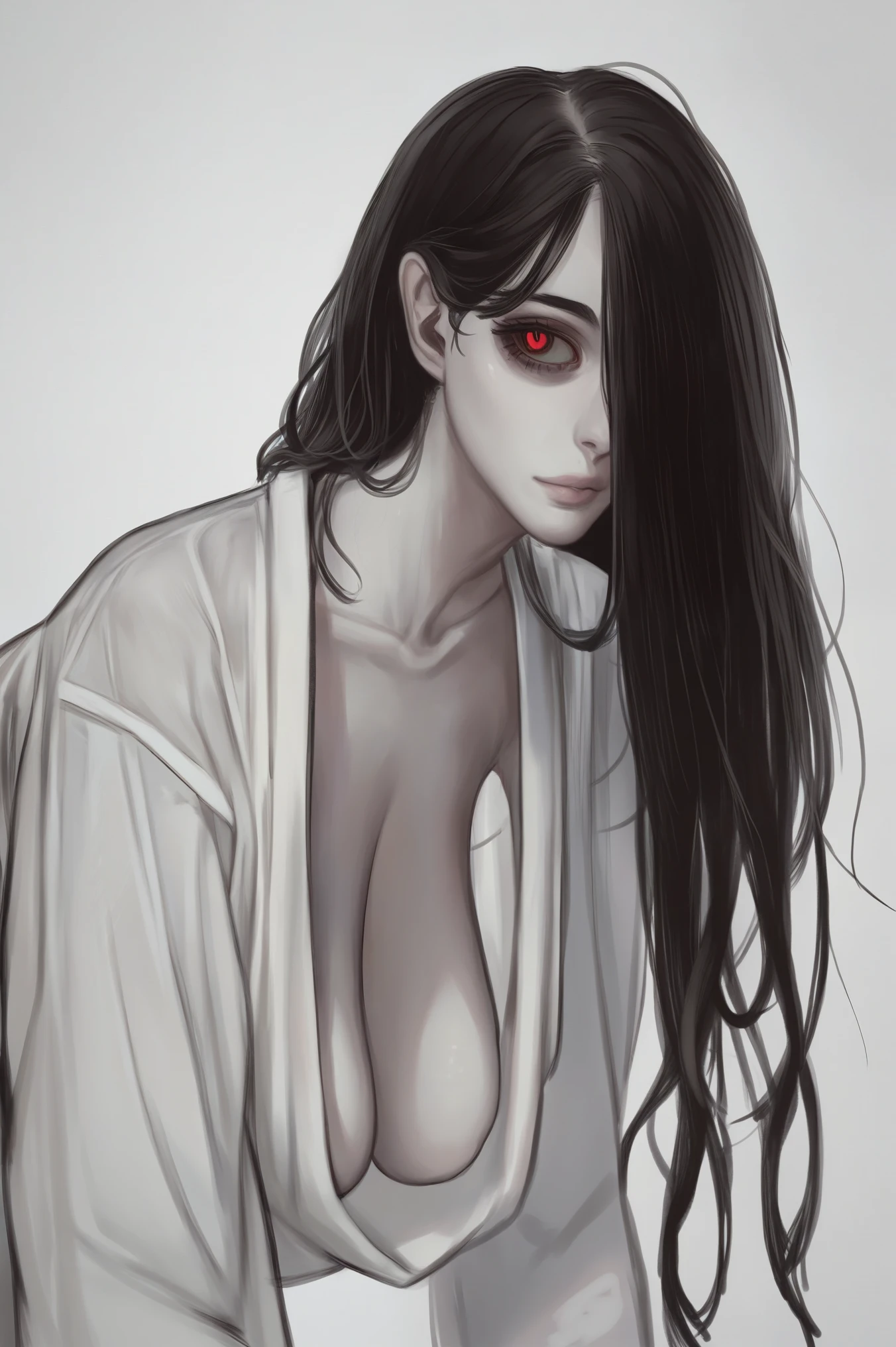 score_9, score_8_up, score_7_up, BREAK
by mossacannibalis,  Masterpiece, 1girl, torso shot, black hair, long hair, ghost girl, white skin, white oversized shirt, cleavage, medium breasts, arms hanging to the sides, saggy breasts, dark room, red shiny eyes, neutral expression, hair covering one eye, dark circle under eye
