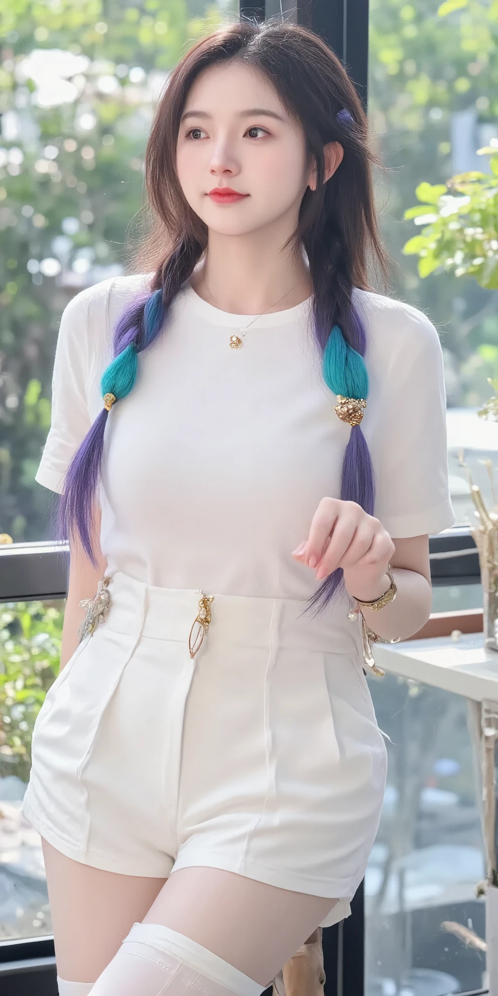 Asian Beauty,Standing by the window,Wearing a white T-shirt and white stockings,Perfect body,Perfect waist-to-hip ratio,Beautiful face