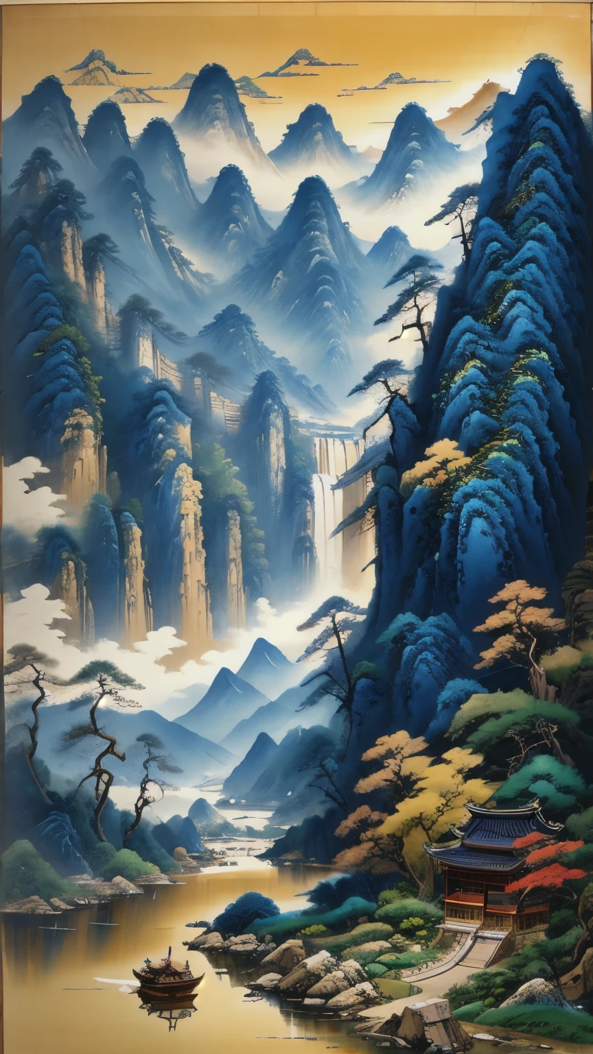 (masterpiece, Best Quality:1.2),Majestic landscape painting，Meticulous painting，Inspired by the story of a thousand rivers and mountains，Map of Fushun Sanso，Expression techniques of cirrus clouds，Flat illustration，Chinese traditional painting，Chinese landscape painting，Ancient Chinese Buildings，cloud，vertical waterautumn on cliff，Vibrant Pine Tree，autumn，Takayama，black：1.37，mineral pigments，Ultramarine Blue，Tracing Gold，clear outline，Sketched，dry drawing method