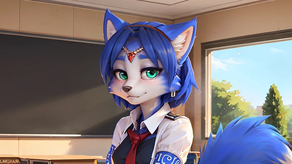 a picture of ((krystal)), Star Fox-Kristall, lovable, green eyes, medium breasts, (((Long blue hair 1.3))), Decollete, anthro, Fuzzy, Uploaded E621, detailed Fluffys fell, (von Fluff-Kevlar, Bayard Wu, Pino Daeni), detailed face, (Fluffy), 1 girl, Alone, sweet girl, Alone, , Kinematic lighting, seductive, thighs, medium bust, Full body, beautiful, Messy hair, long black hair, School girl uniform, high stockings ((absolute territory)), blue skirt, jung ((18 years old)), School ((Classroom)),