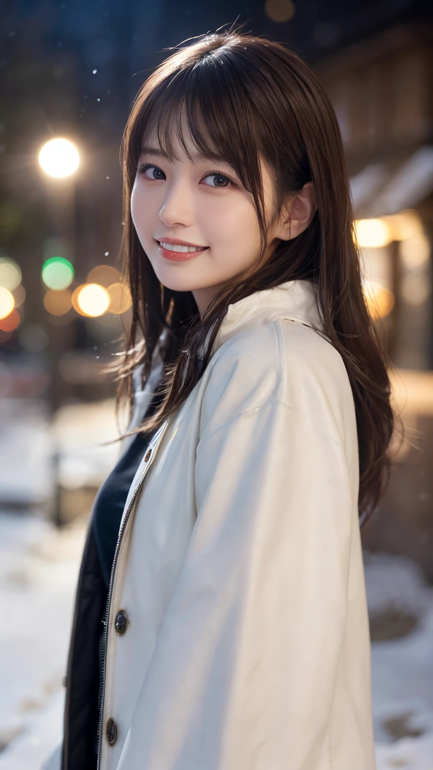 1 girl, {{{Super delicate blue eyes}}}、Born a young lady、(Wear a fluffy mink coat with luxurious fur:1.2), (RAW Photos, highest qualthaty), (Realistic, Realistic:1.4), Tabletop, Very delicate and beautiful, Very detailed, 2k wallpaper, wonderful, finely, Very detailed CG Unthaty 8K wallpaper, Very detailed, High resolution, Soft Light, Beautiful detailed girl, Very detailed目と顔, Beautiful and sophisticated nose, Finely beautiful eyes, Cinema Lighting, Illuminations that light up the cthaty on a snowy night, Snow Scene, that&#39;that&#39;it&#39;s snowing, Snow fell in my hair, Perfect Anatomy, Slender body, Was nervous, 
Straight semi-long hair, bangs, Looking at the audience, smile