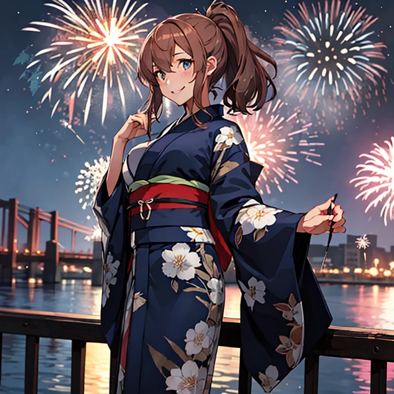 saratoga_kantaicollection brown_hair, long_hair, ponytail, side_ponytail, hair_between_eyes, blue_eyes, breasts, sidelocks, large_breasts, smokestack (masterpiece:1.4),(best quality:1.4), (premium:1.4), (great illustration:1.4), (ultra-detailed:1.4),(art CG, 8K),1girl solo,KonishiCSA,blush,smile,full body,
(kimono:1.4),(Fireworks:1.4),