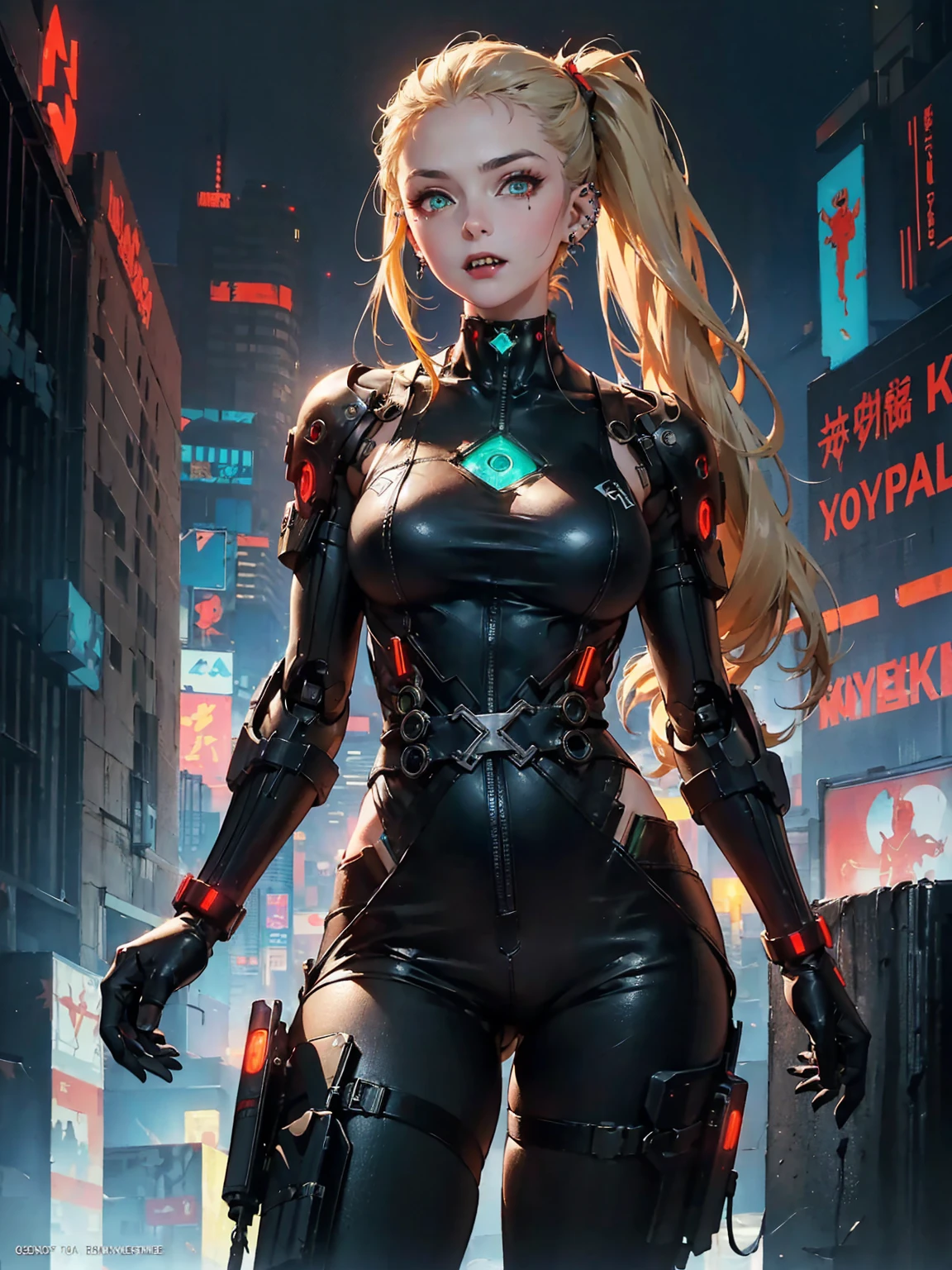 ((Mechanical world)). ((A mechanical young girl is wearing cyberpunk clothing)). ((Grotesque)). ((Machine)). ((Mecha)). ((Fangs)). ((Strange)). ((Thigh up)). ((Piercings)). ((Accessories)). A realistic young woman with shiny, long blonde hair tied in twin tails. She has distinctive bangs that fall on her forehead, and her emerald green ((super detailed glowing eyes)) shine coldly and sharply, creating a cool and smart atmosphere. Her youthful appearance is characterized by thin eyebrows and thin lips. ((Cyberpunk)). ((Dark horror)). ((Overall dark)). ((Death game)). ((Highest quality)). ((Super detailed)).