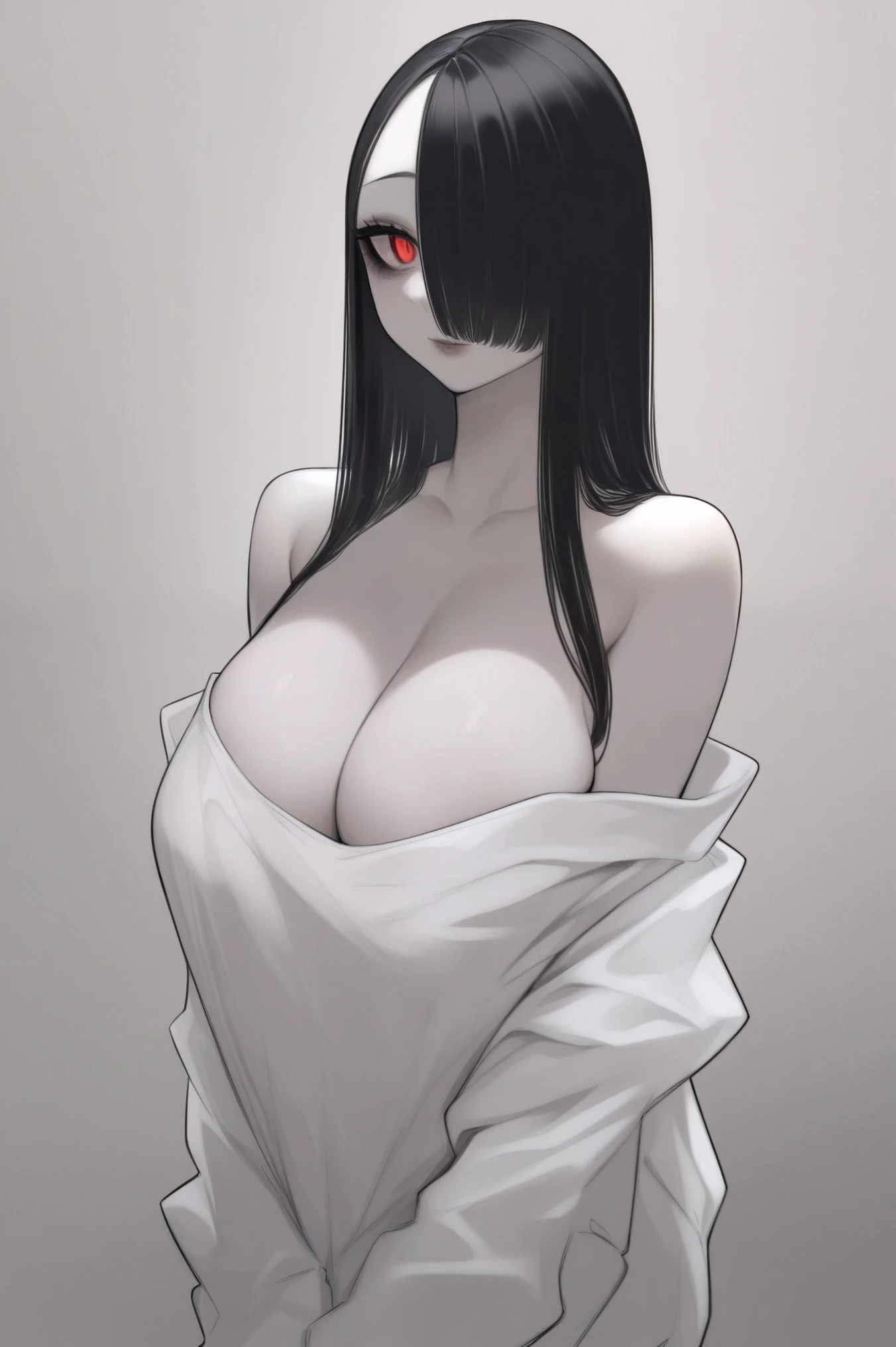 score_9, score_8_up, score_7_up, BREAK by Hirune style, Masterpiece, 1girl, torso shot, black hair, long hair, ghost girl, white skin, white oversized shirt, cleavage, medium breasts, saggy breasts, TV in background, dark room, red shiny eyes, neutral expression, hair covering one eye, dark circle under eye
