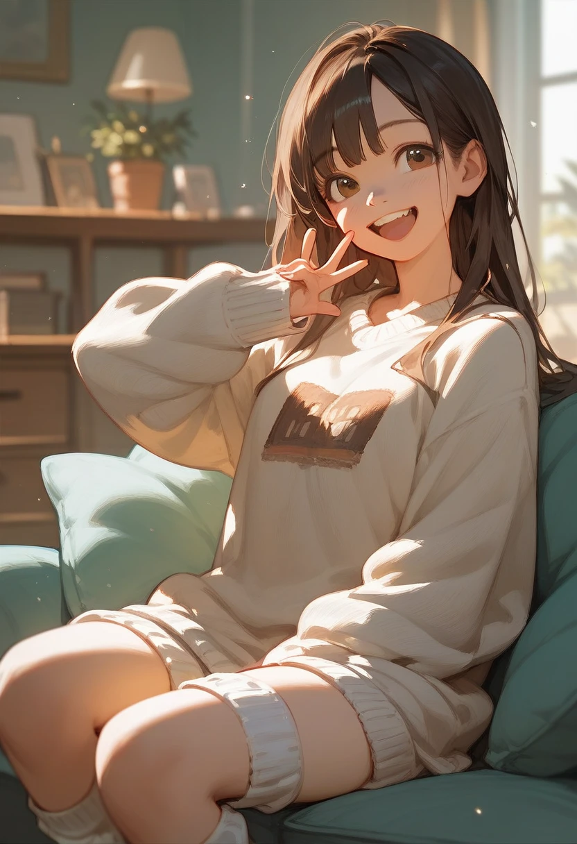 Score_9,Score_8_up,Score_7_up,highest quality,detailed,1 girl,slim,brown long straight hair,sweater,loose socks,looking Happy,Happy with me