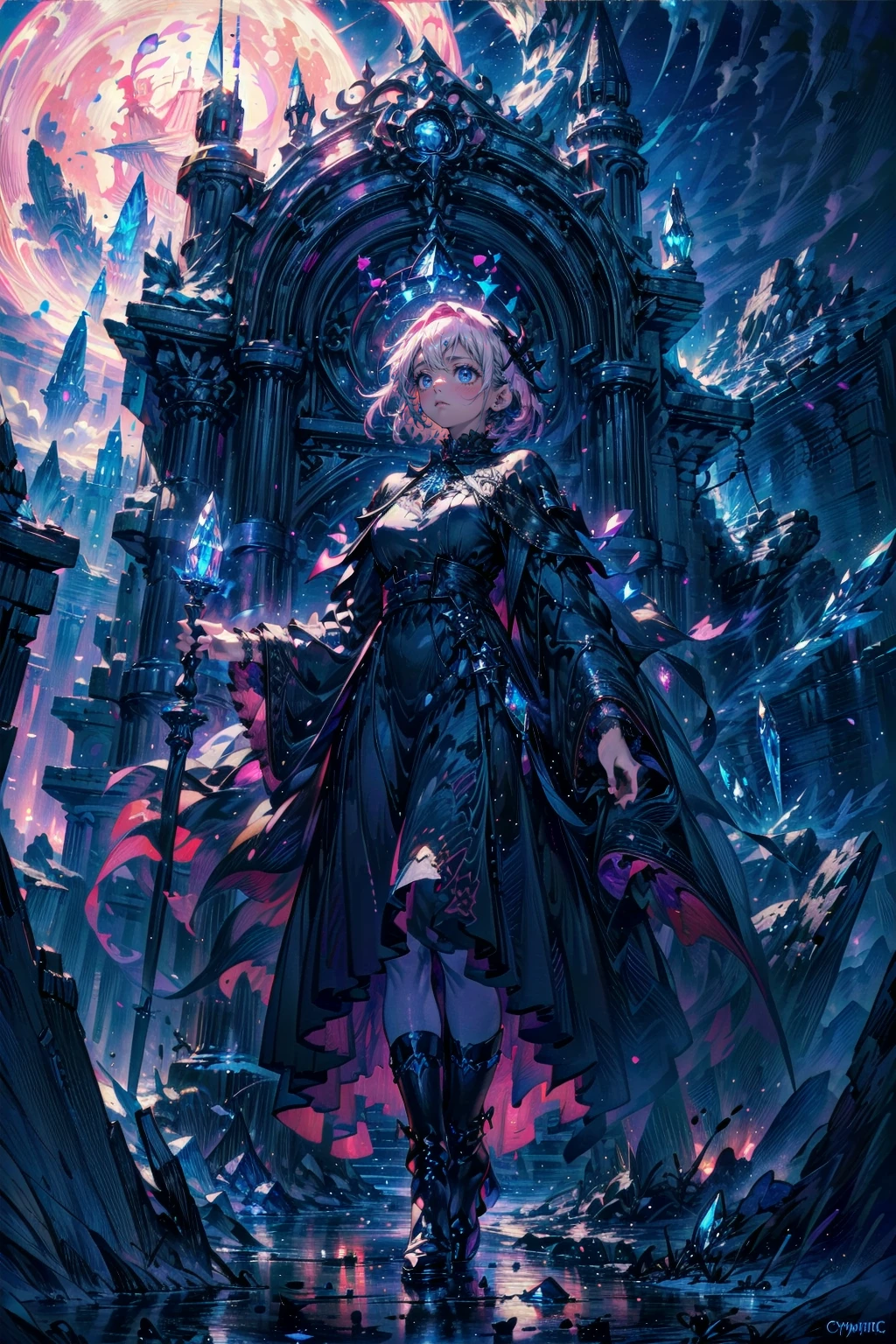 Attention to detail, Highest quality, 8k, [Super detailed], masterpiece, Highest quality, (Very detailed), Dynamic Angle, Ultra Wide Shot, Realistic, Dark Fantasy Art, Gothic art, Dark RPG Art, Realistic art,Ultra Wide Angle picture,clergyman,
1lady,solo,(((pink short hair,crystal blue eyes))),Grab the spear, Wearing a black cloak, Black leather suit, With star seal (intense details, masterpiece, Best details: 1.5), High heel boots, sacred symbols for casting spells, white magic seal (intense details, masterpiece, Best details: 1.5), Symbols of the stars and the moon, Blue light from the symbol, Moon and stars background, (( Goth worship atmosphere)), moon light Attention to detail, Highest quality, High resolution, Ultra Wide Angle
