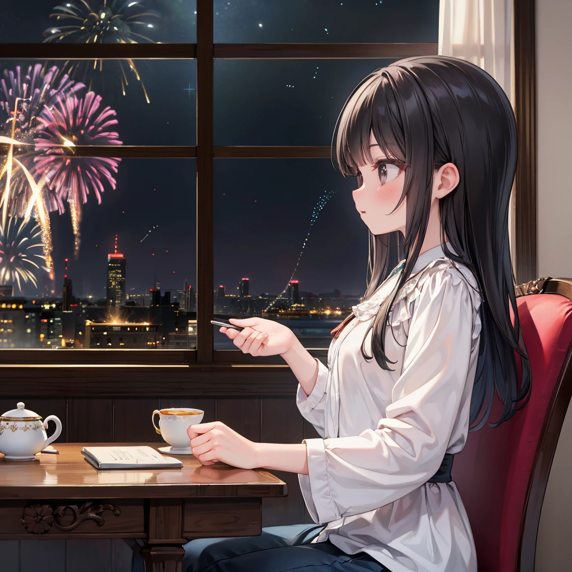 masterpiece, Best Quality, Very detailed, 16k, Ultra-high resolution, Cowboy Shot, Detailed face, Perfect fingers, a , Black Eyes, Black Hair, Wavy Hair, Gorgeous Western-style building, Bookshelf, Table seating, chair, Tea Set, chairに座って本を読む,((Watching the fireworks from the window,profile))