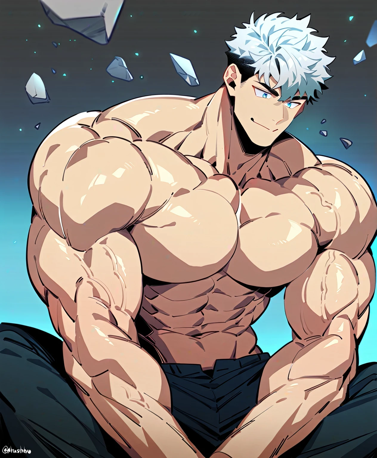 Thin macho　white dragon　　abs　　　　Hollow abs　　　thick arms　　　chest rig　　　、sweaty　　　skin glow　　profile　　Wearily　short of breath　　clenching one&#39;s back teeth　　Knees on the floor　　rubber suit