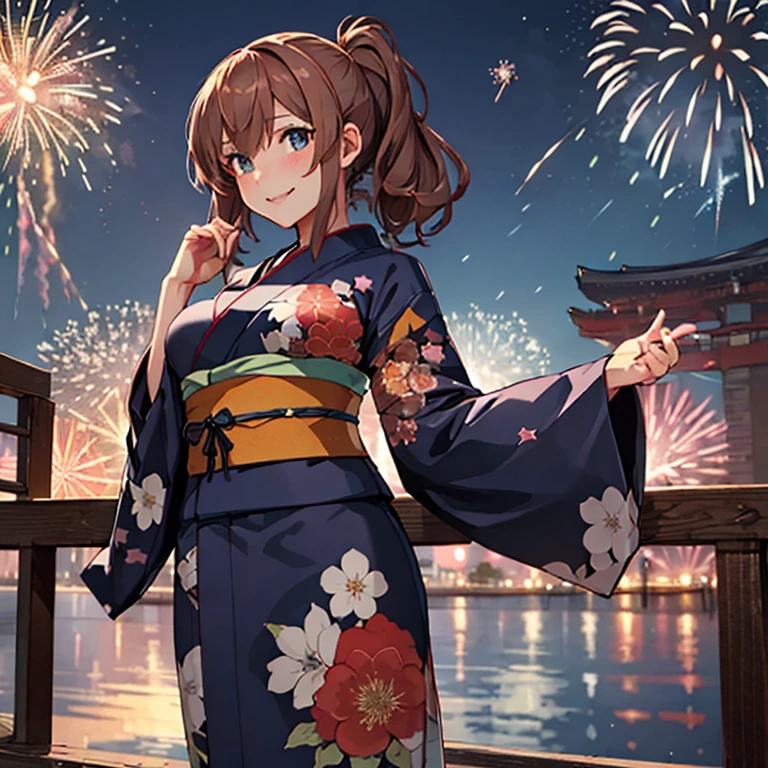 saratoga_kantaicollection brown_hair, long_hair, ponytail, side_ponytail, hair_between_eyes, blue_eyes, breasts, sidelocks, large_breasts, smokestack (masterpiece:1.4),(best quality:1.4), (premium:1.4), (great illustration:1.4), (ultra-detailed:1.4),(art CG, 8K),1girl solo,KonishiCSA,blush,smile,full body,
(kimono:1.4),(Fireworks:1.4),