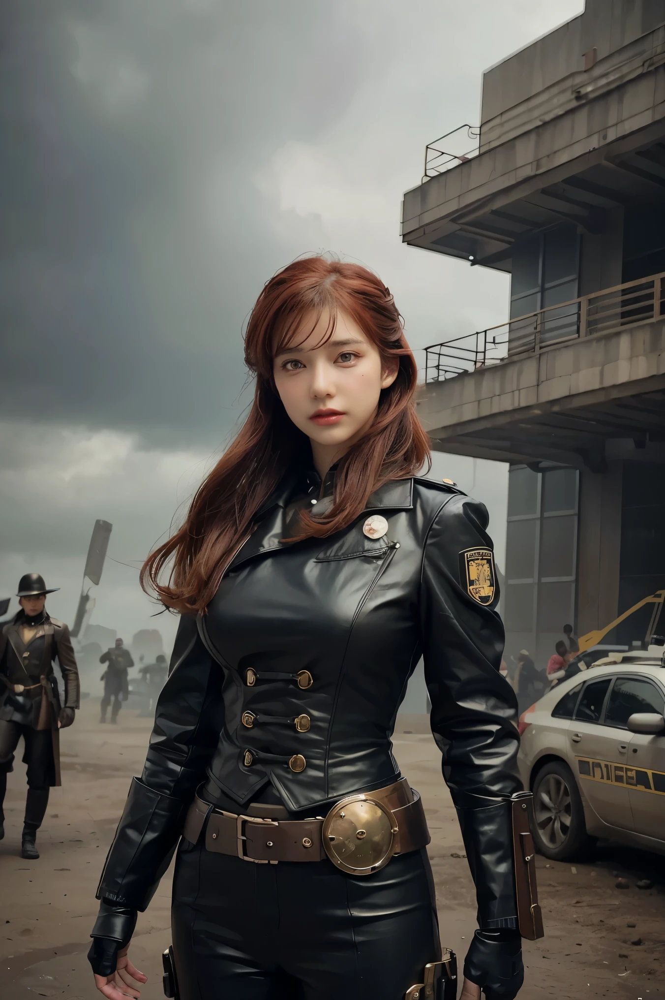 there is a woman standing in front of a group of robots, steampunk male portrait, compositing, beautiful android woman, stormy and grand war scene, inspired by Richard Avedon, a black dieselpunk policewoman, redhead woman, girl in suit, intricate fashion clothing, beautiful female soldier
