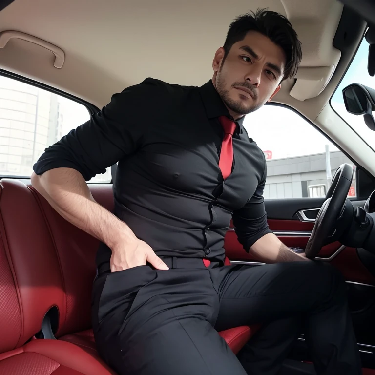 Age 35,One Man,Black Shirt、Red tie、Black slim pants、,Morning parking lot、mafia、Sitting with legs wide open、Hold a gun,logic,Gay ,Very short hair、,Stubble,Face of Turkey,Handsome Dad,Bulging in the crotch area of pants　Upper Body　looking at the camera