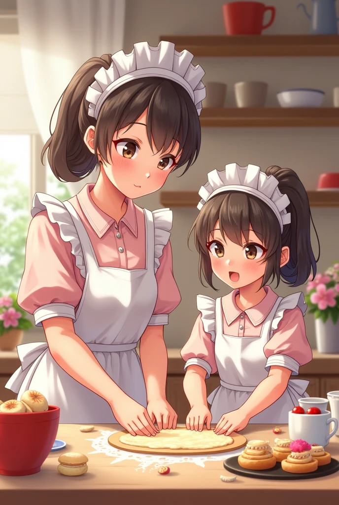 Beauty mother-in-law Black Hair hair band Mother and daughter have beautiful breasts Mother is an apron My daughter is in uniform kitchen