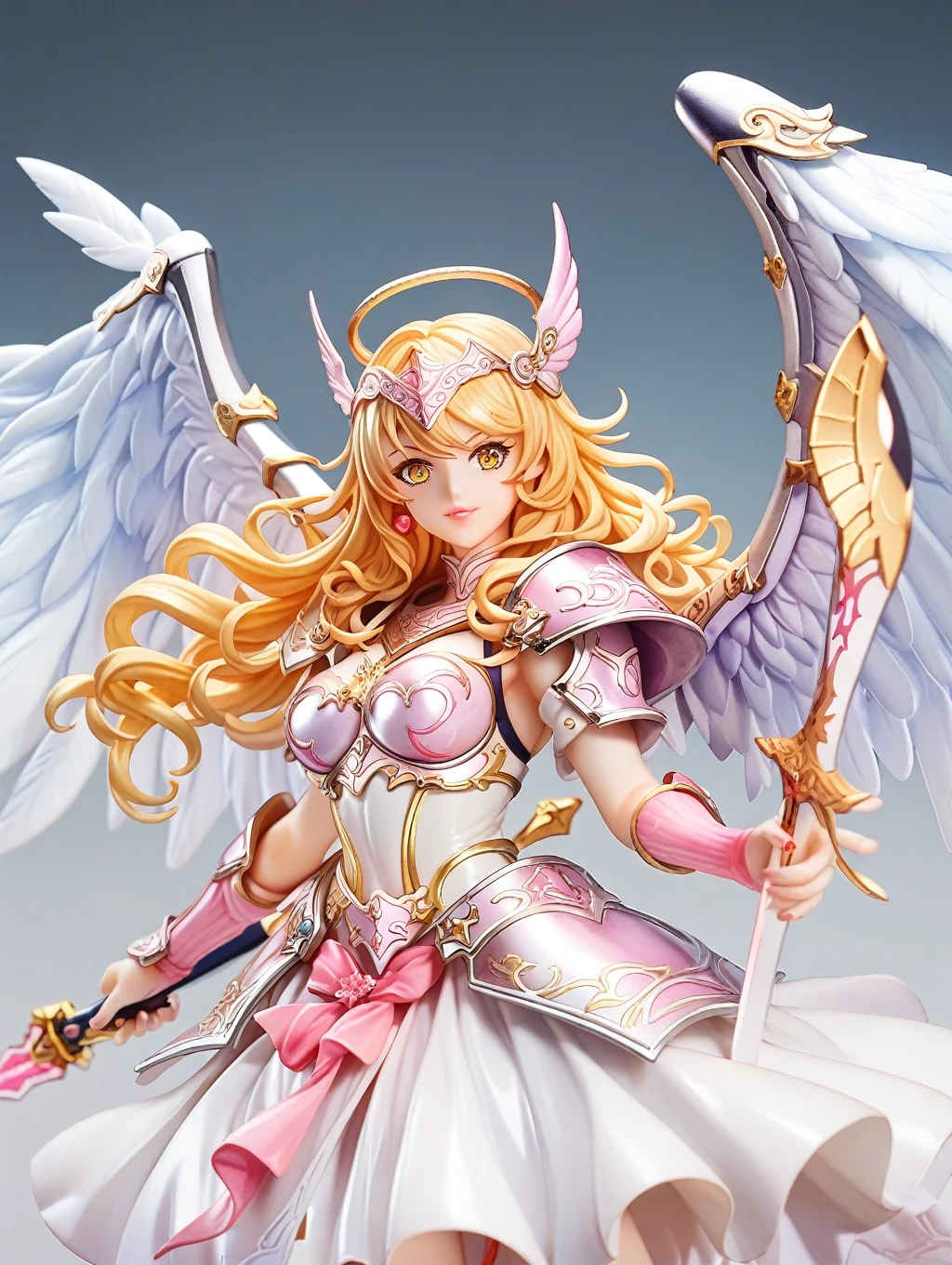 (masterpiece), Best Quality, One girl, Valkyrie, Angel knight in white dress and silver armor, Shiny Armor, High Gloss Armor, Reflective Metal Armor, Holding a sword, (length_sword), pink length curly hair, Yellow Eyes, Wings, White clothing, Perfect lighting