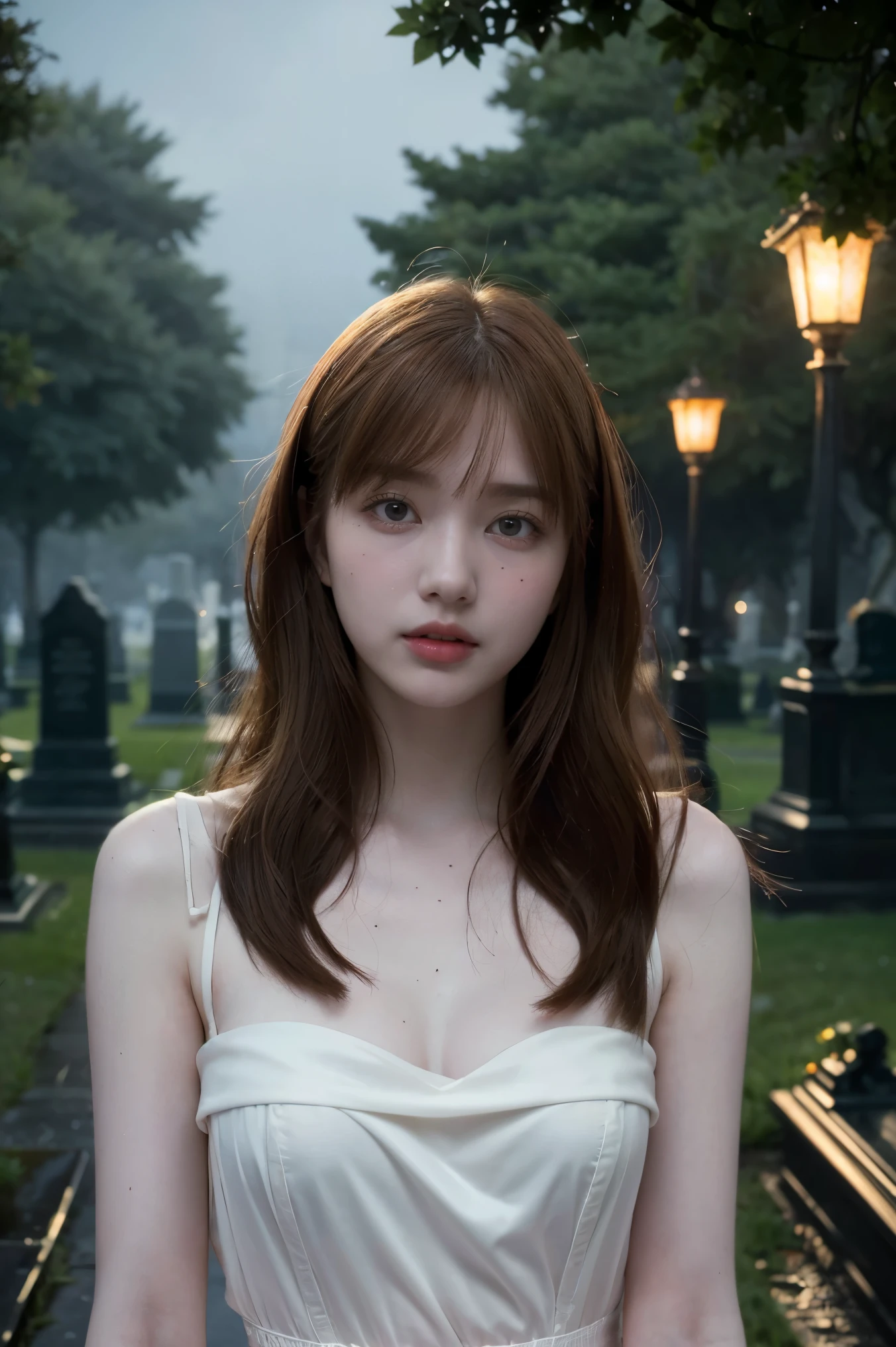 Cinematic footage from Mario Bava horror movie, full medium closeup, a gorgeous 18-year-old woman resembling Bella Thorne, long red hair, soft pale skin, cute and youthful face, well-defined eyebrows, light blue eyes, delicate nose, plump and round lips, walks in an Gothic cemetery at night wearing a white wedding dress, fog and rainy condition, ghostly atmosphere, 1600s, (high skin detail: 1.2), ultra-detailed, photo-realistic, depth of field, cinematic lighting, IMAX camera, HDR, DTM, Full HD, 8k